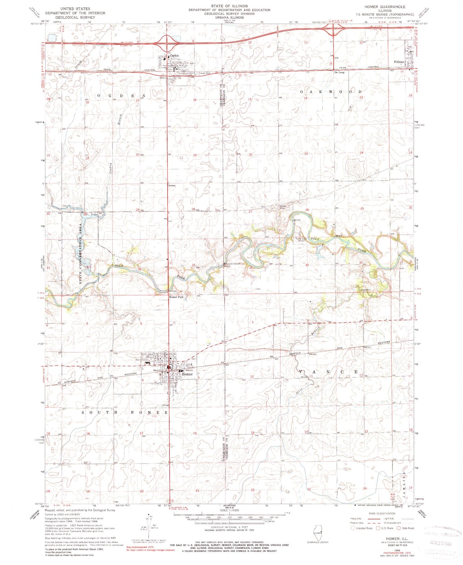 Classic USGS Homer Illinois 7.5'x7.5' Topo Map Image