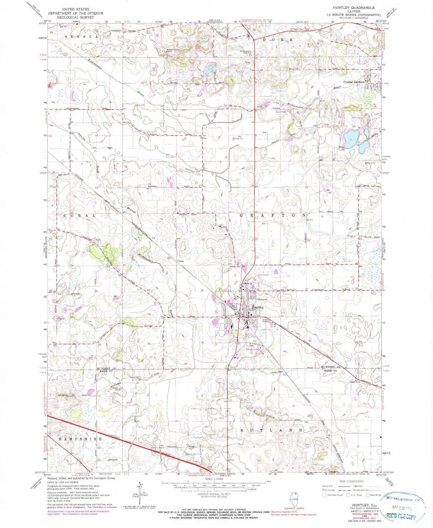 Classic USGS Huntley Illinois 7.5'x7.5' Topo Map Image