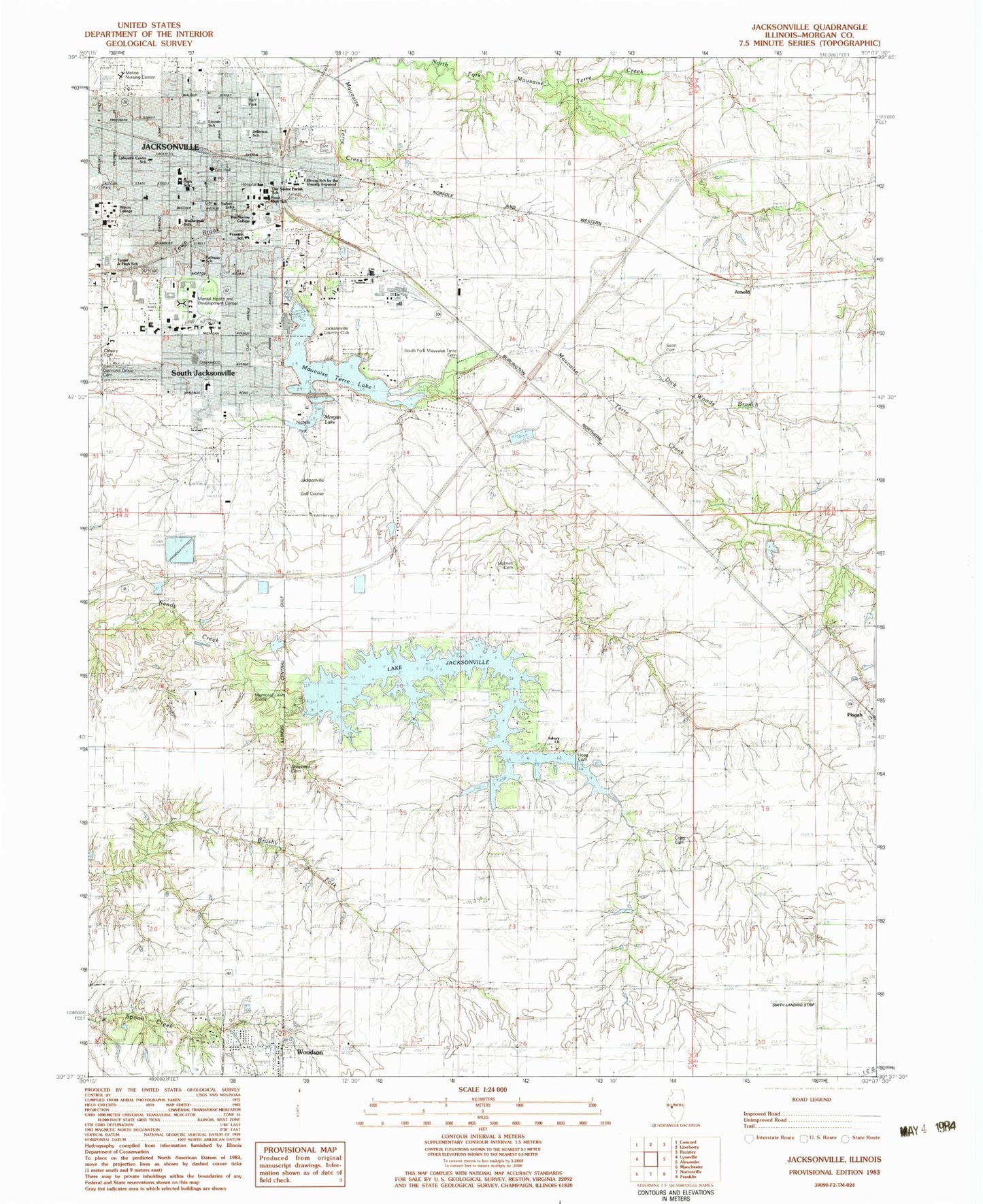 Classic USGS Jacksonville Illinois 7.5'x7.5' Topo Map Image