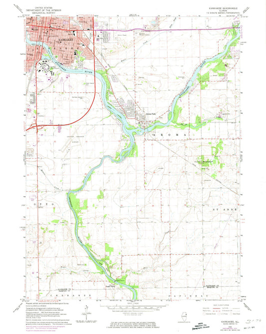 Classic USGS Kankakee Illinois 7.5'x7.5' Topo Map Image