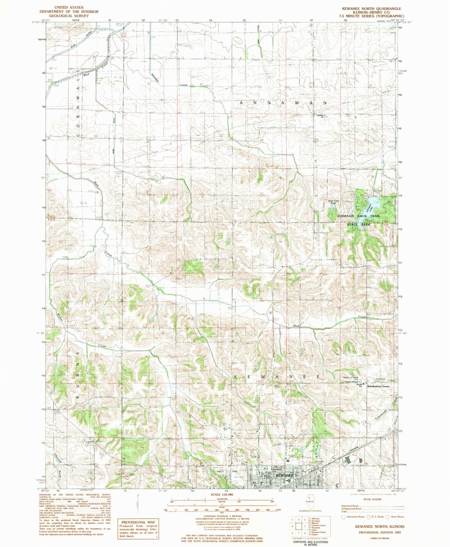 Classic USGS Kewanee North Illinois 7.5'x7.5' Topo Map Image