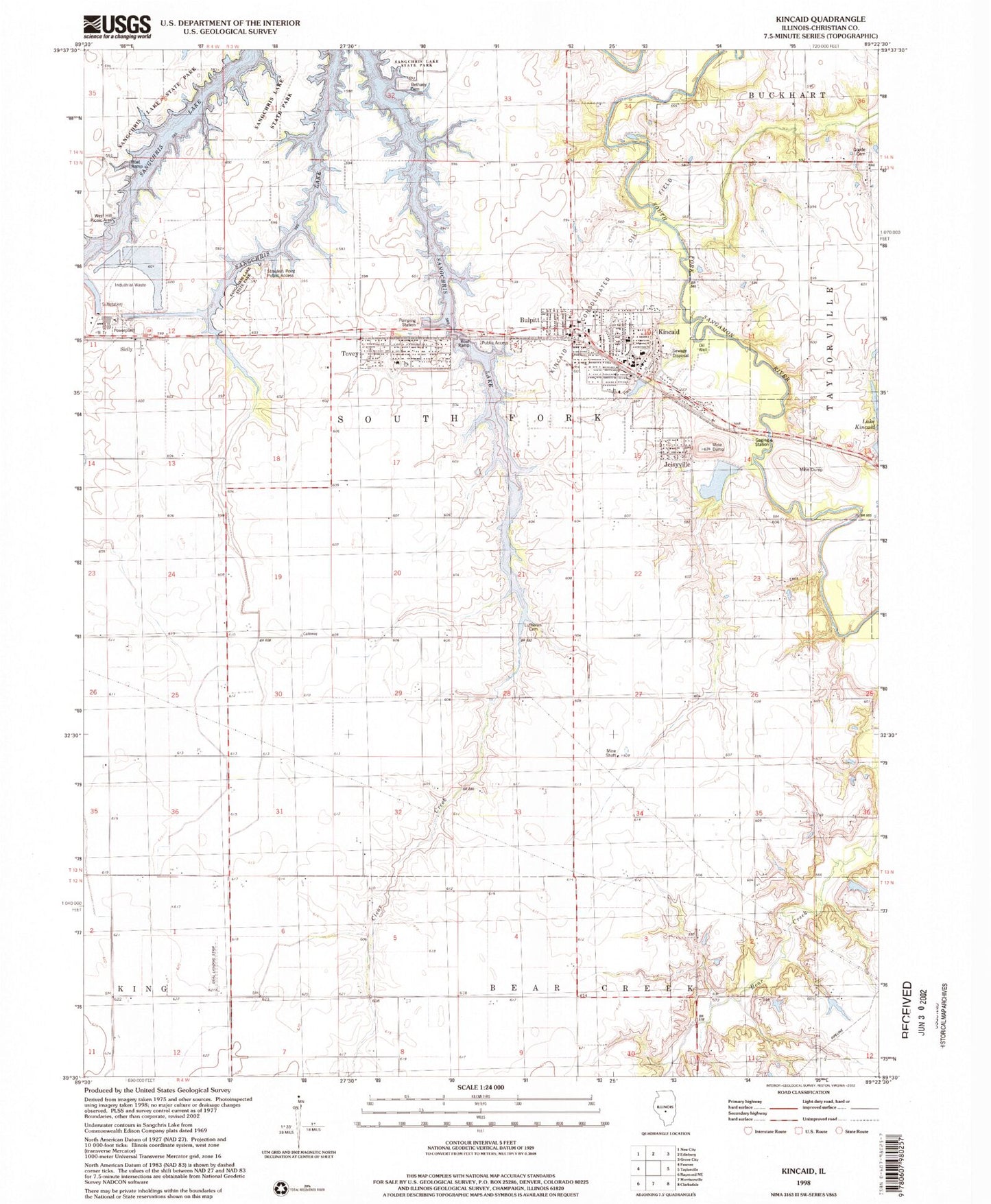 Classic USGS Kincaid Illinois 7.5'x7.5' Topo Map Image
