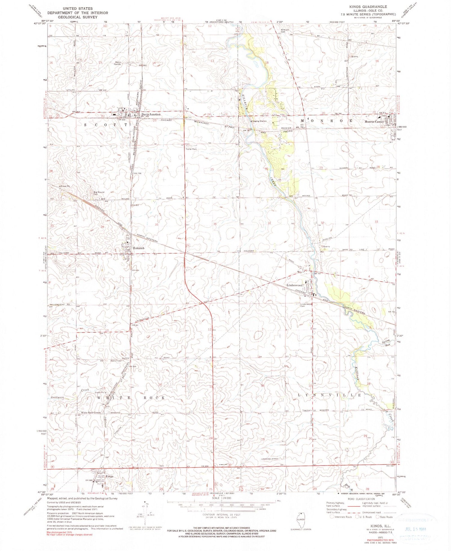Classic USGS Kings Illinois 7.5'x7.5' Topo Map Image