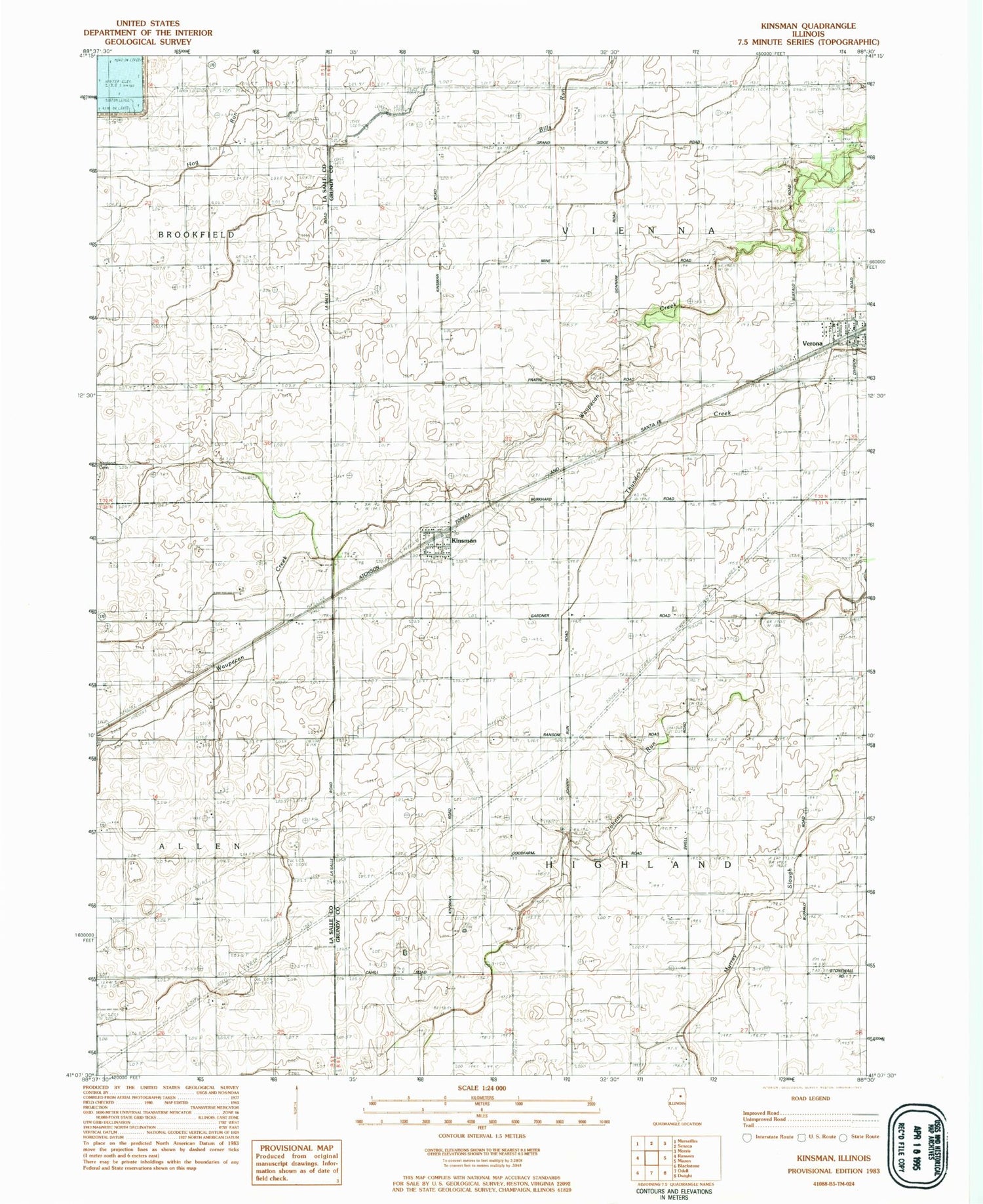 Classic USGS Kinsman Illinois 7.5'x7.5' Topo Map Image