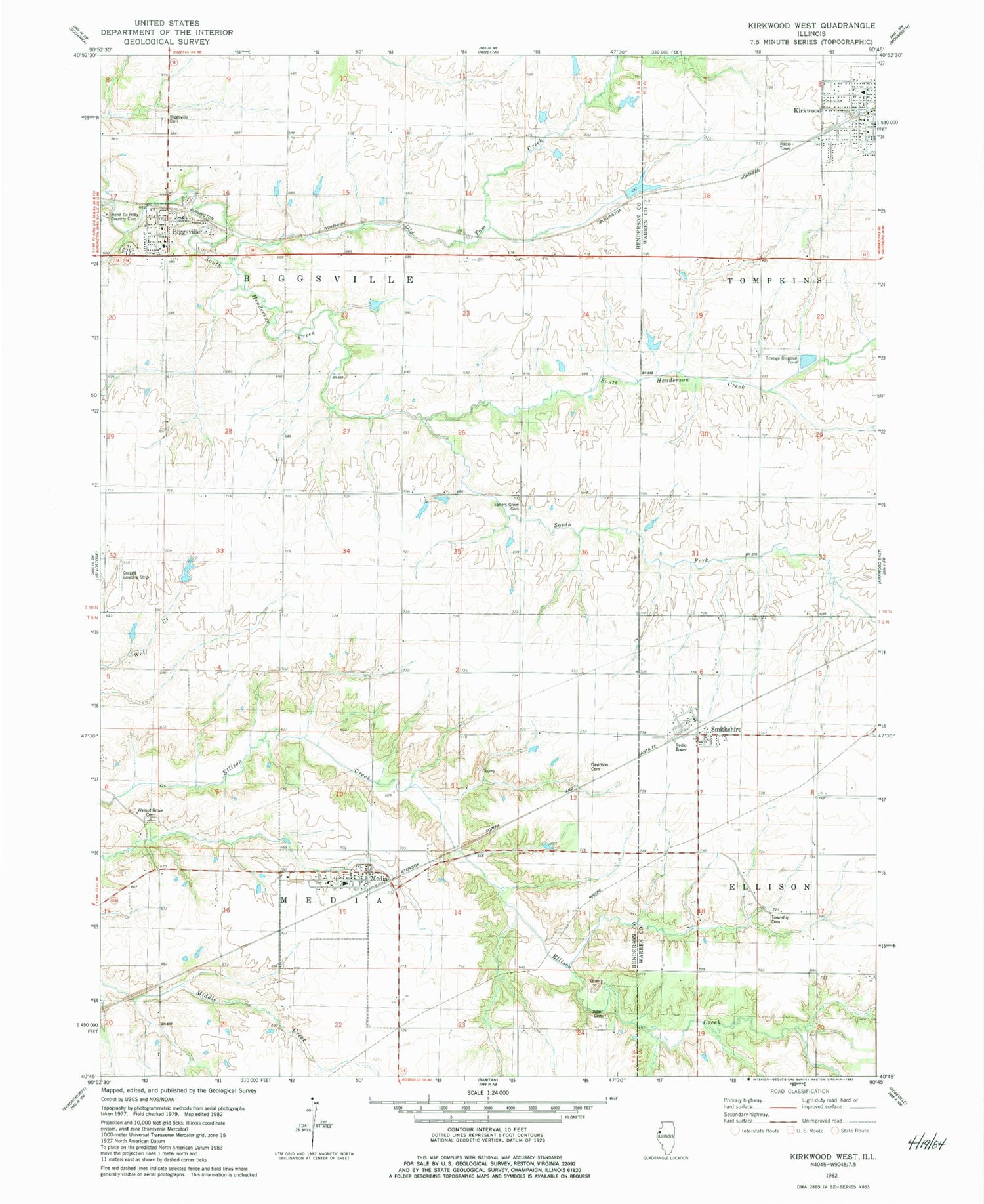 Classic USGS Kirkwood West Illinois 7.5'x7.5' Topo Map Image