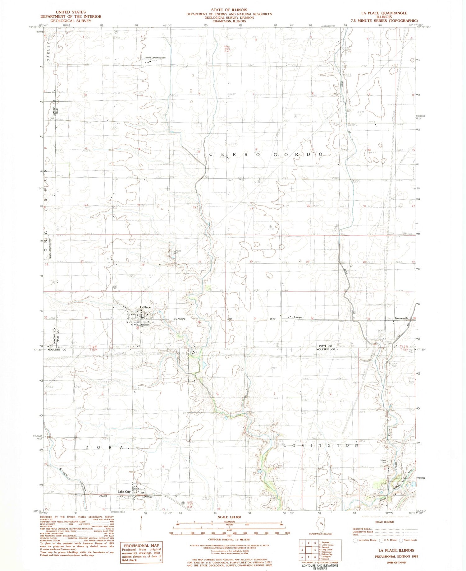 Classic USGS La Place Illinois 7.5'x7.5' Topo Map Image