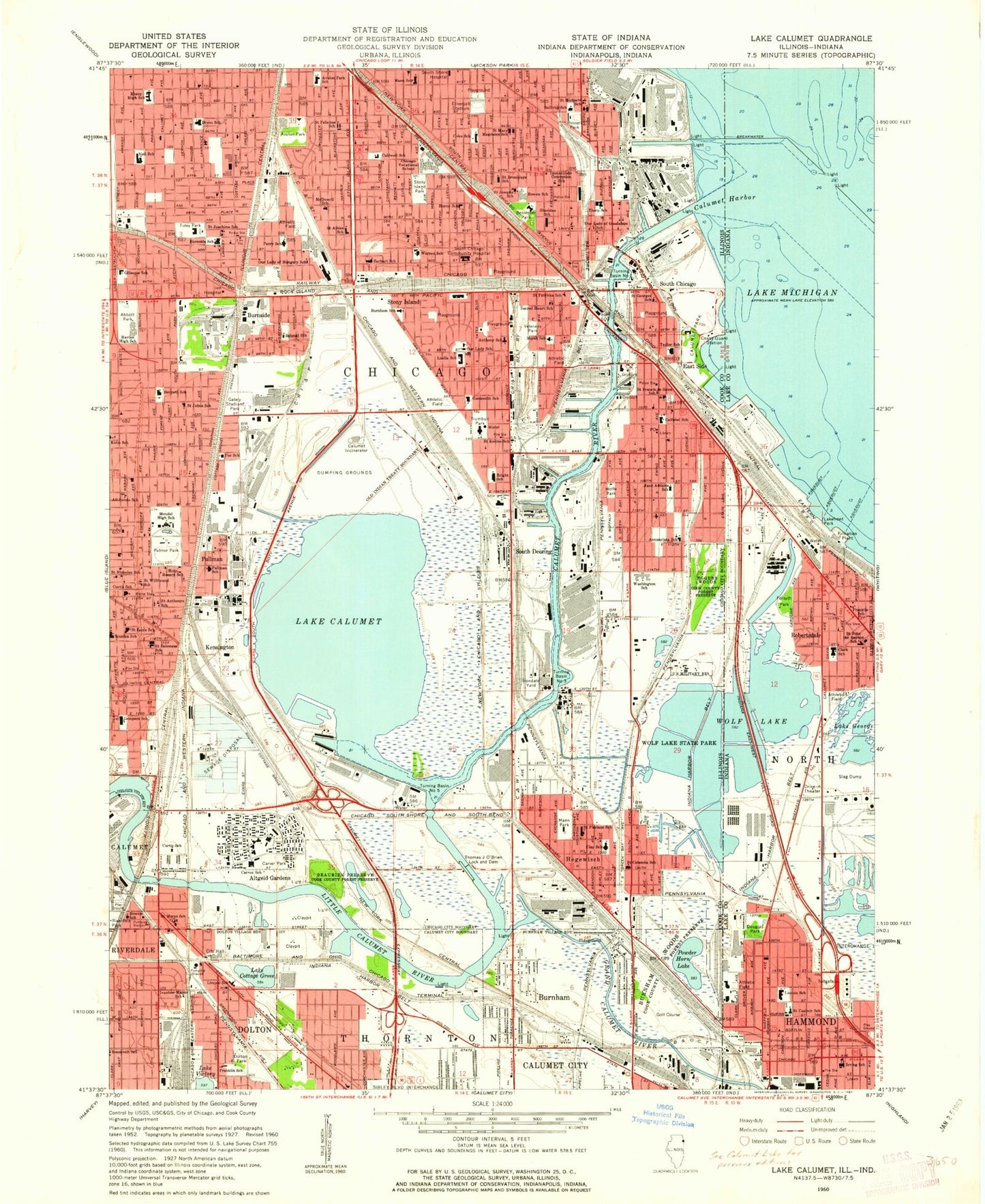 Classic USGS Lake Calumet Illinois 7.5'x7.5' Topo Map Image