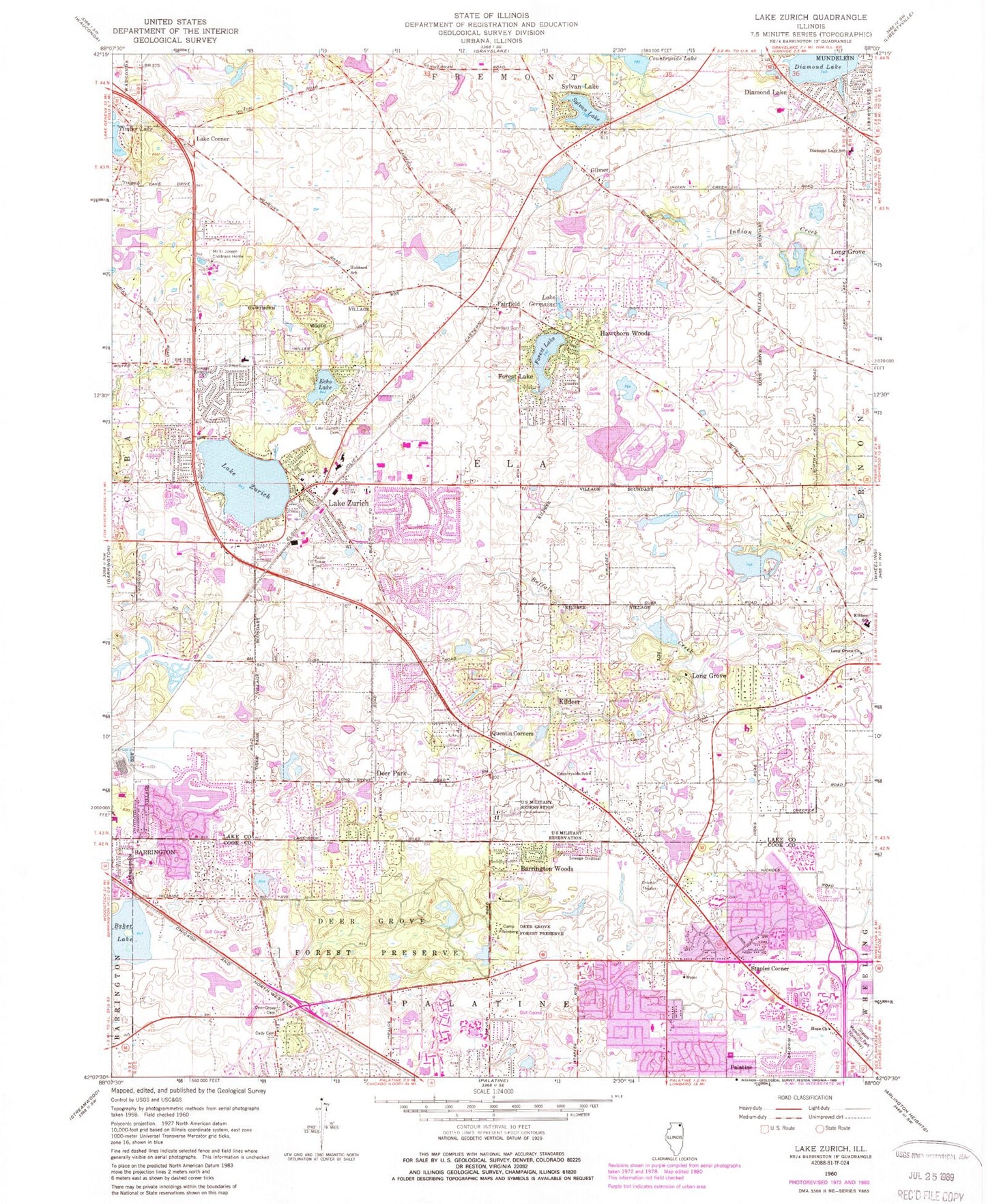 Classic USGS Lake Zurich Illinois 7.5'x7.5' Topo Map Image