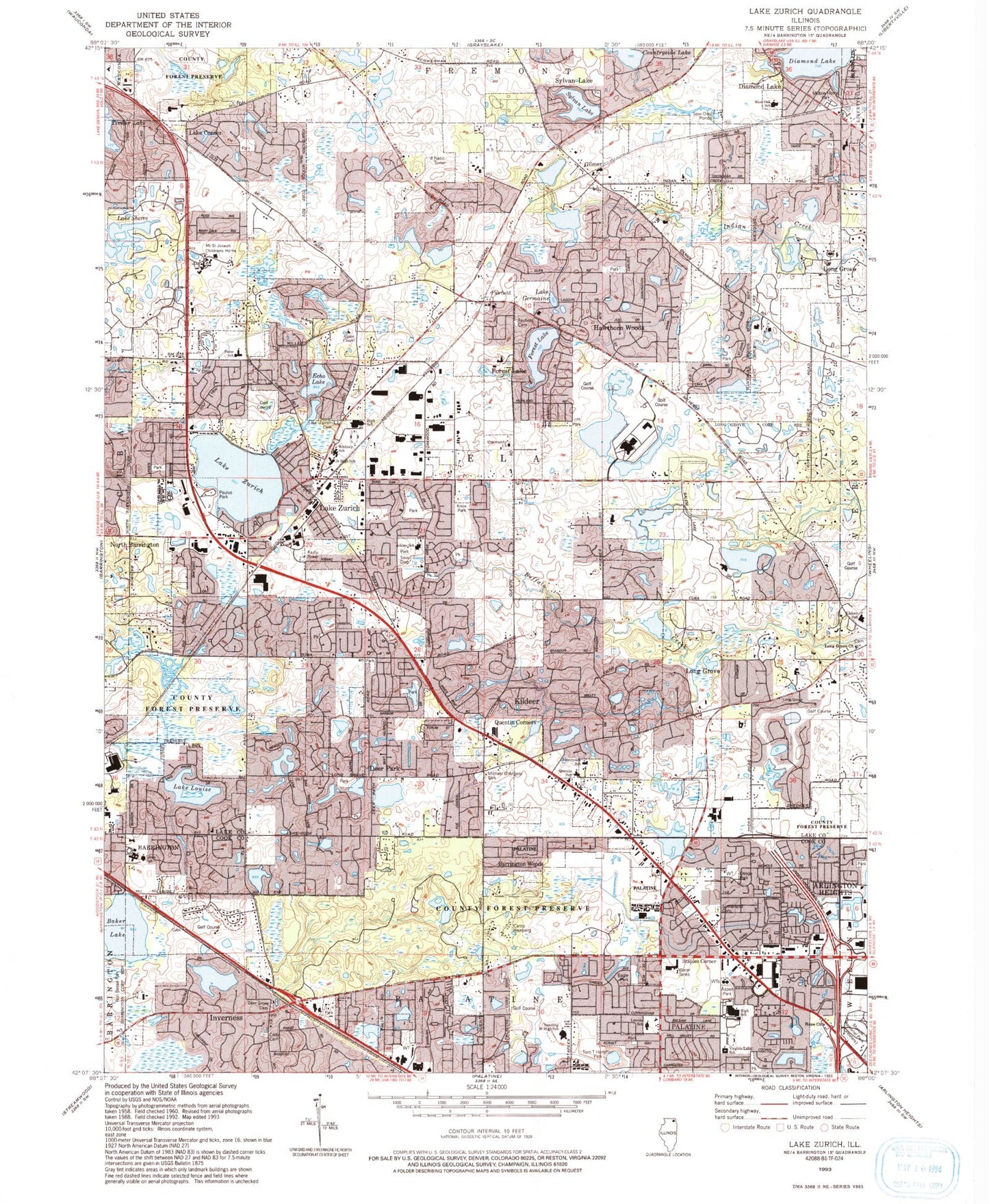 Classic USGS Lake Zurich Illinois 7.5'x7.5' Topo Map Image
