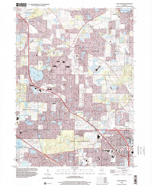 Classic USGS Lake Zurich Illinois 7.5'x7.5' Topo Map Image