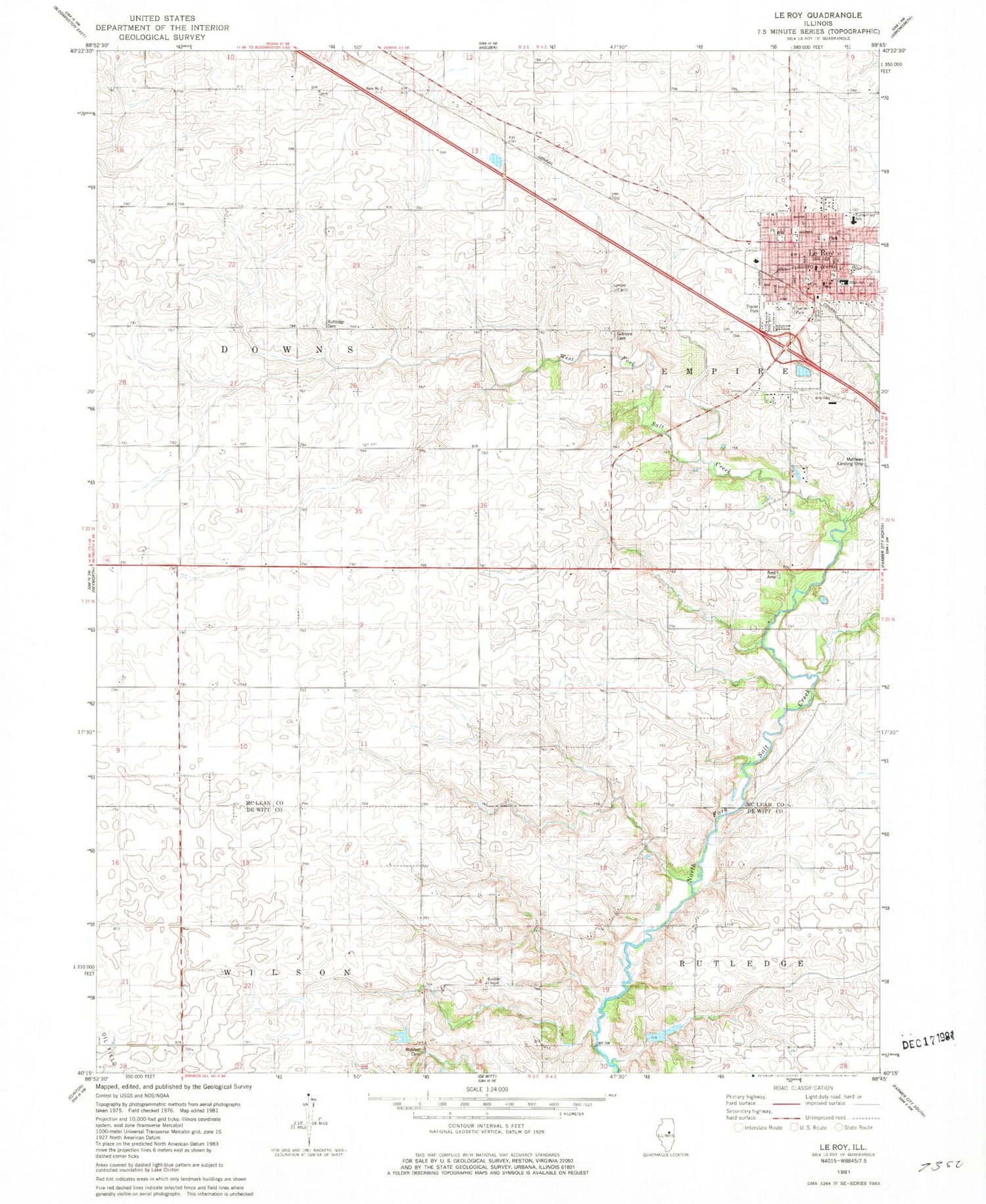 Classic USGS Le Roy Illinois 7.5'x7.5' Topo Map Image