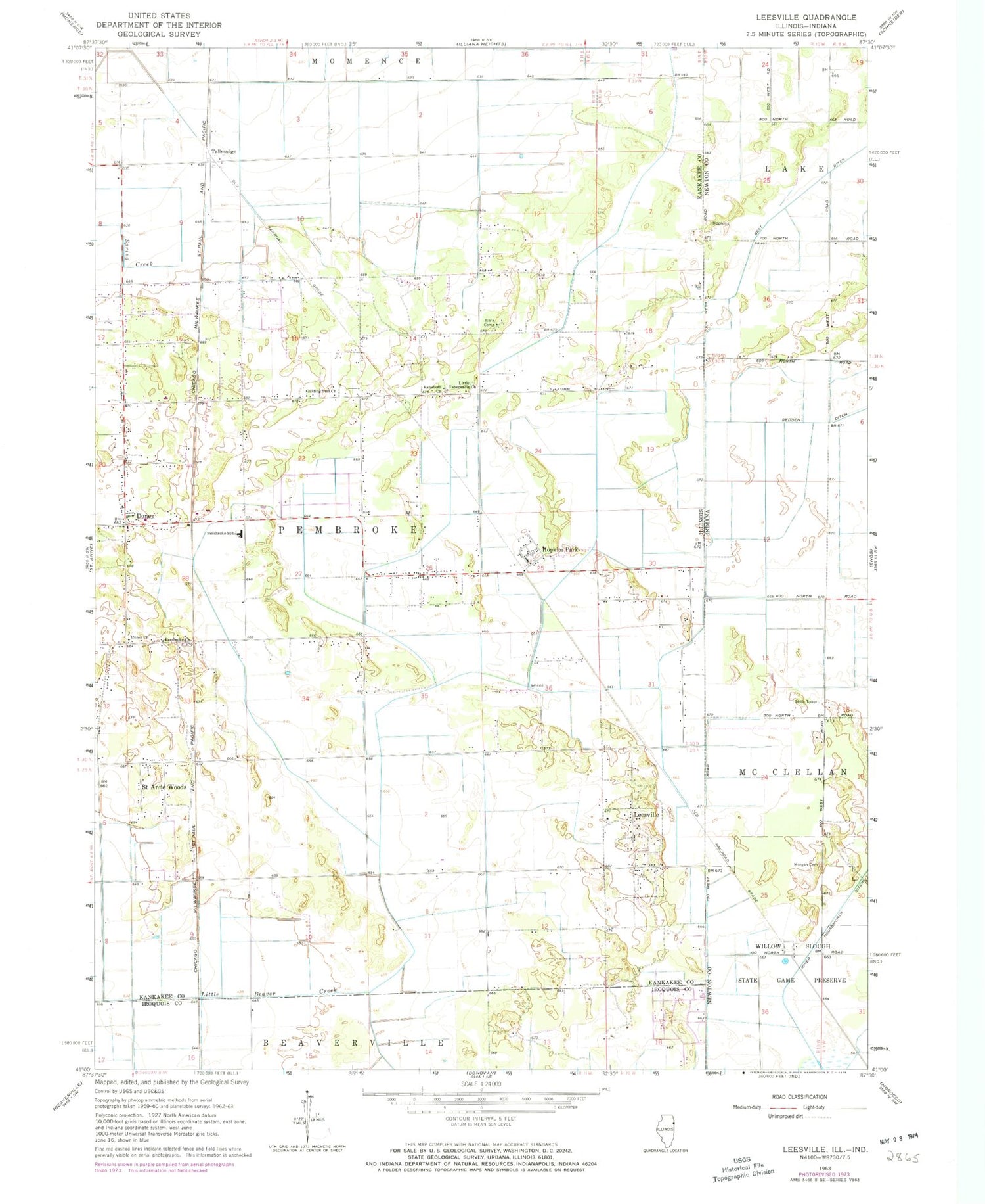 Classic USGS Leesville Illinois 7.5'x7.5' Topo Map Image
