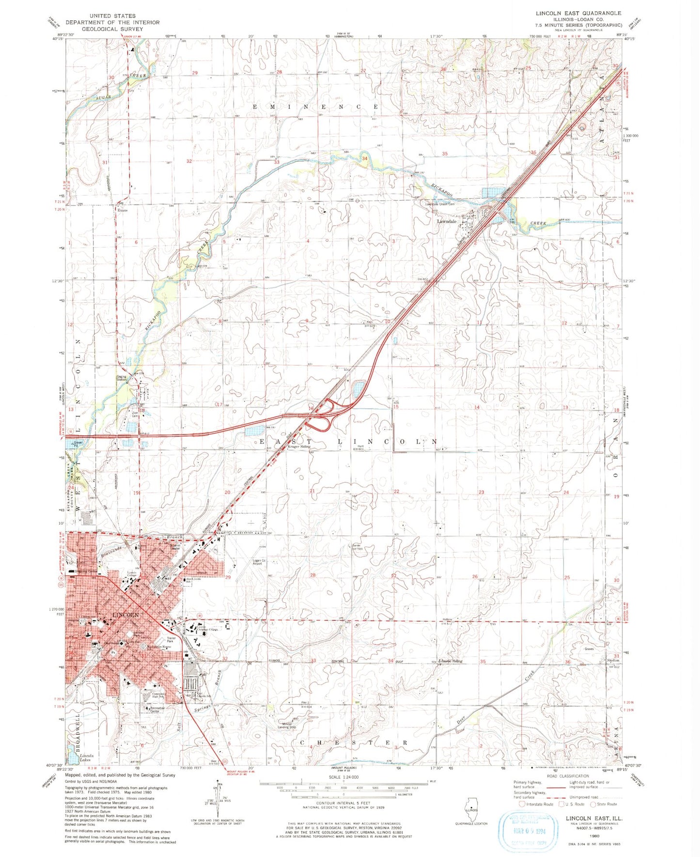 Classic USGS Lincoln East Illinois 7.5'x7.5' Topo Map Image