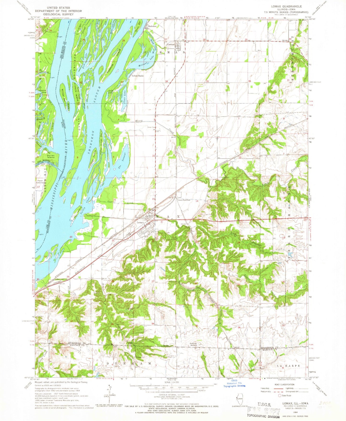 Classic USGS Lomax Illinois 7.5'x7.5' Topo Map Image