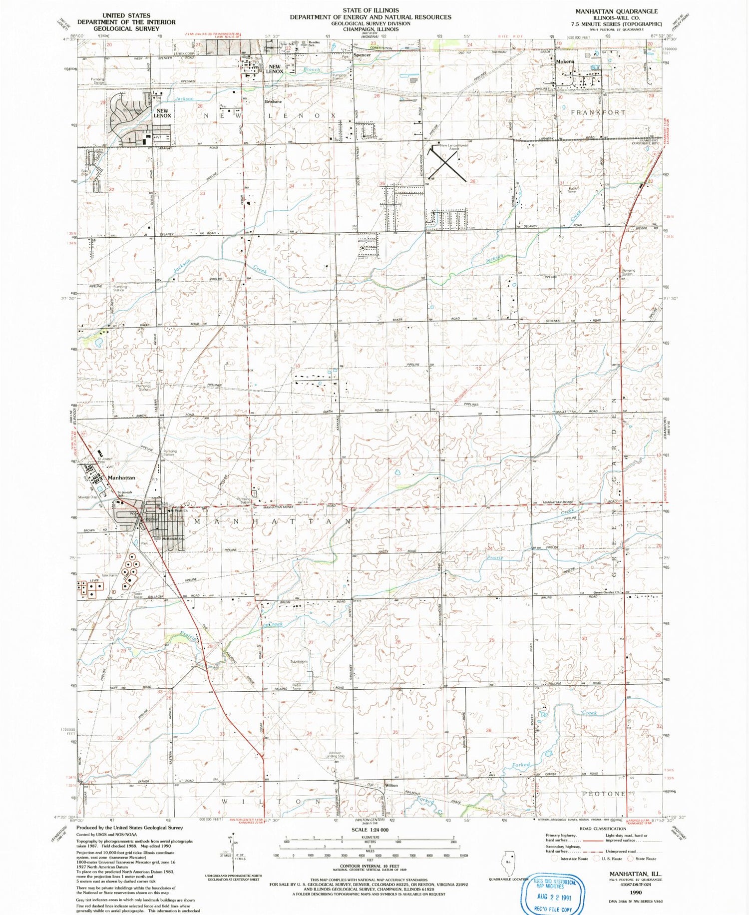Classic USGS Manhattan Illinois 7.5'x7.5' Topo Map Image