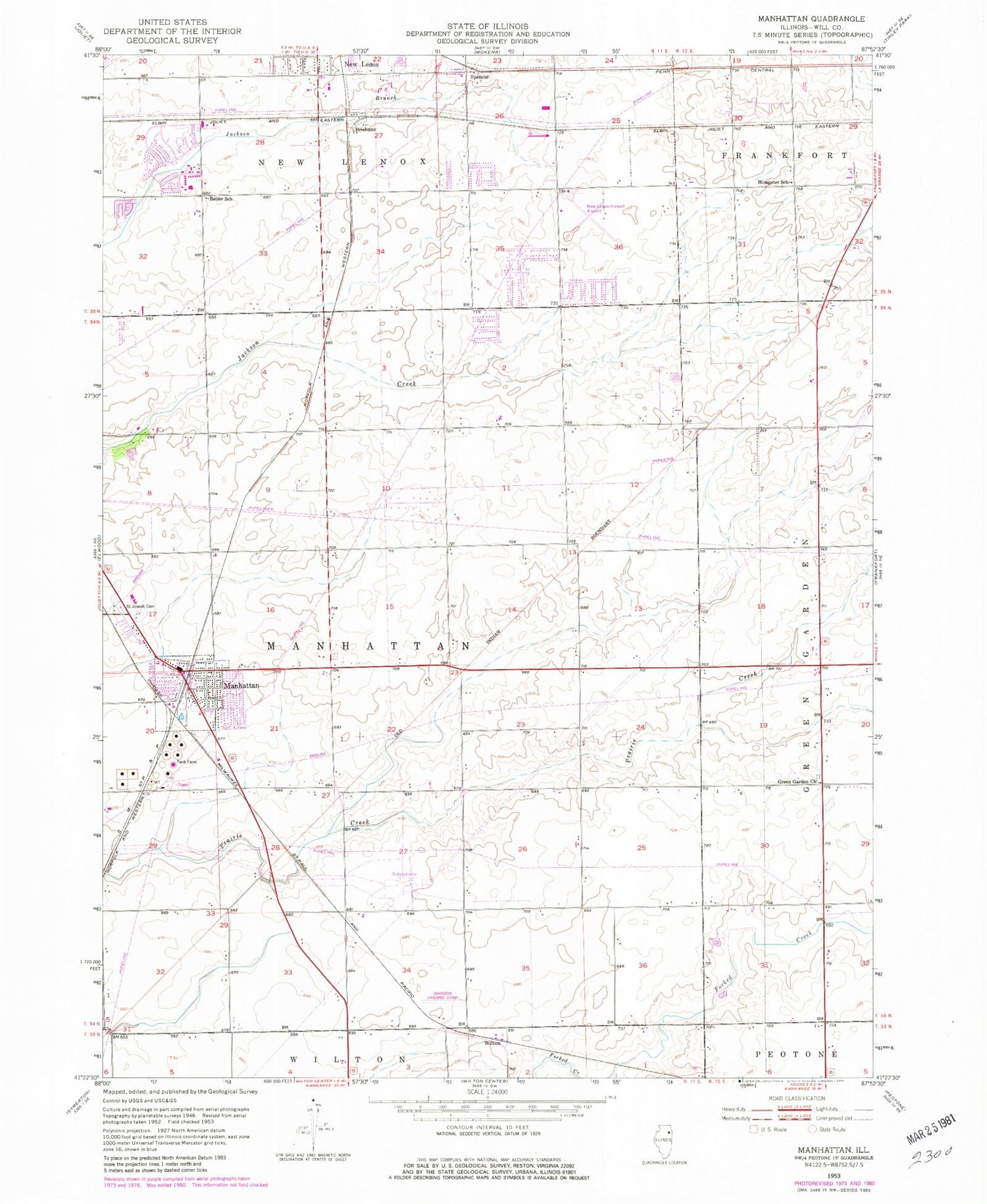 Classic USGS Manhattan Illinois 7.5'x7.5' Topo Map Image
