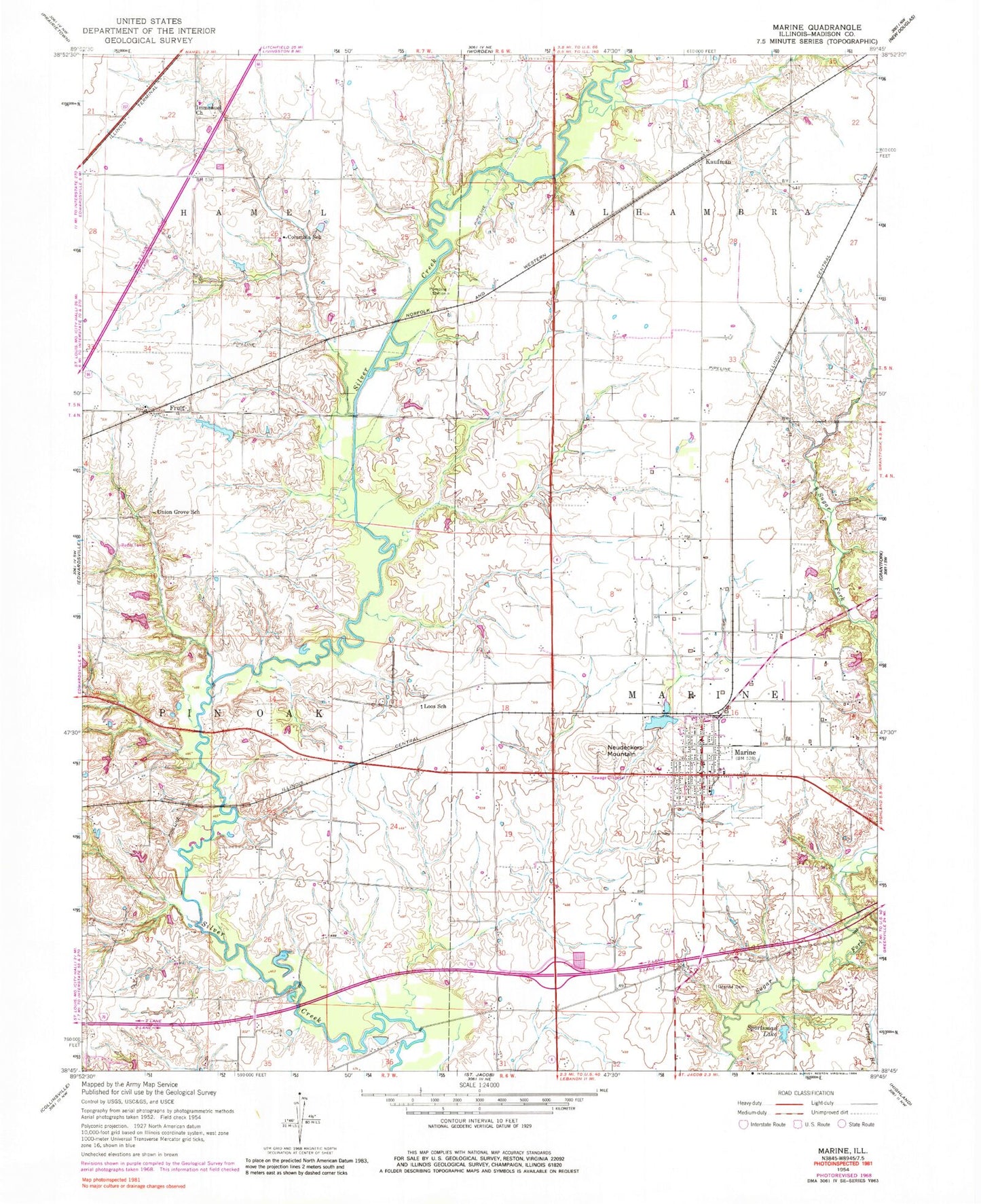 Classic USGS Marine Illinois 7.5'x7.5' Topo Map Image