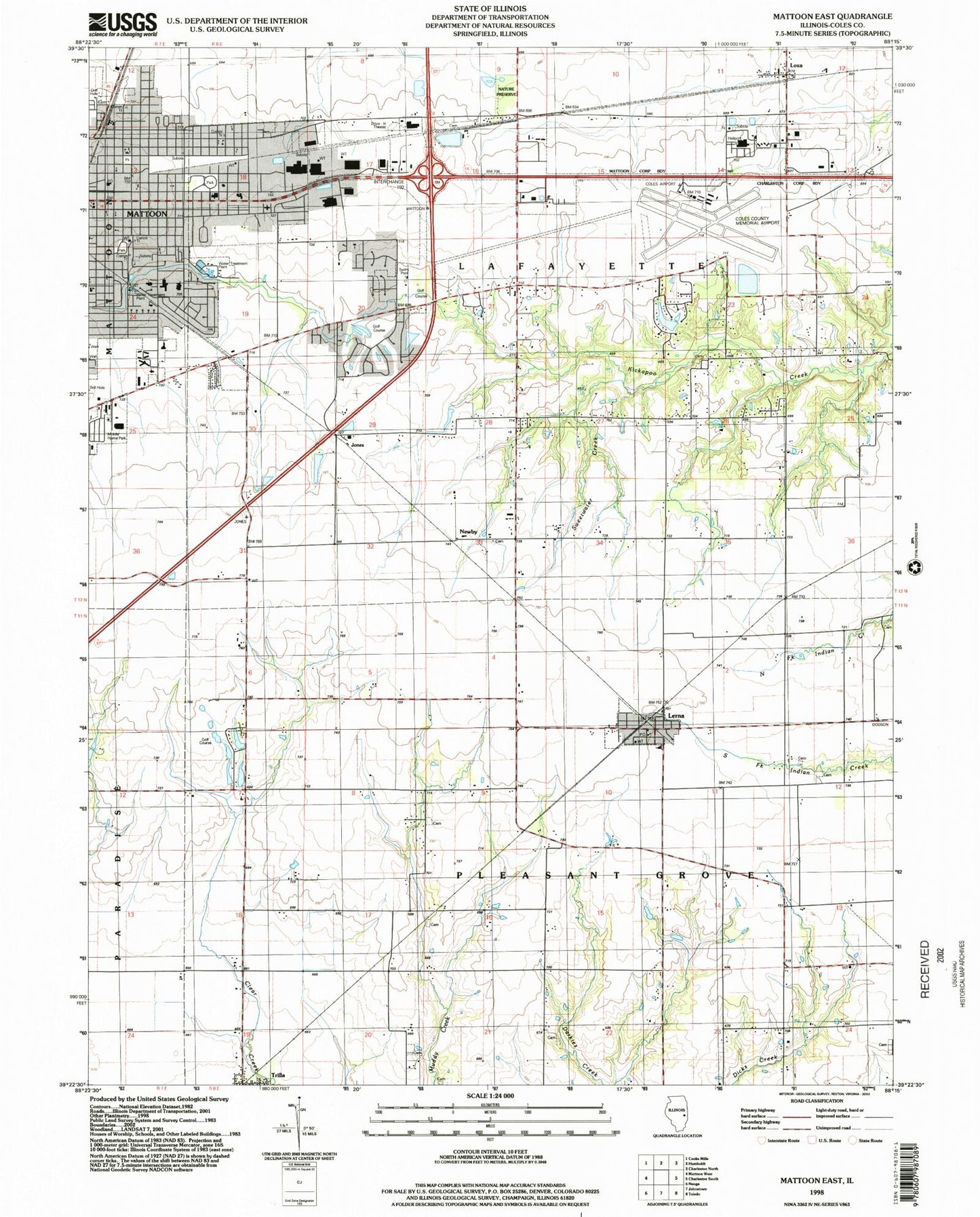 Classic USGS Mattoon East Illinois 7.5'x7.5' Topo Map Image