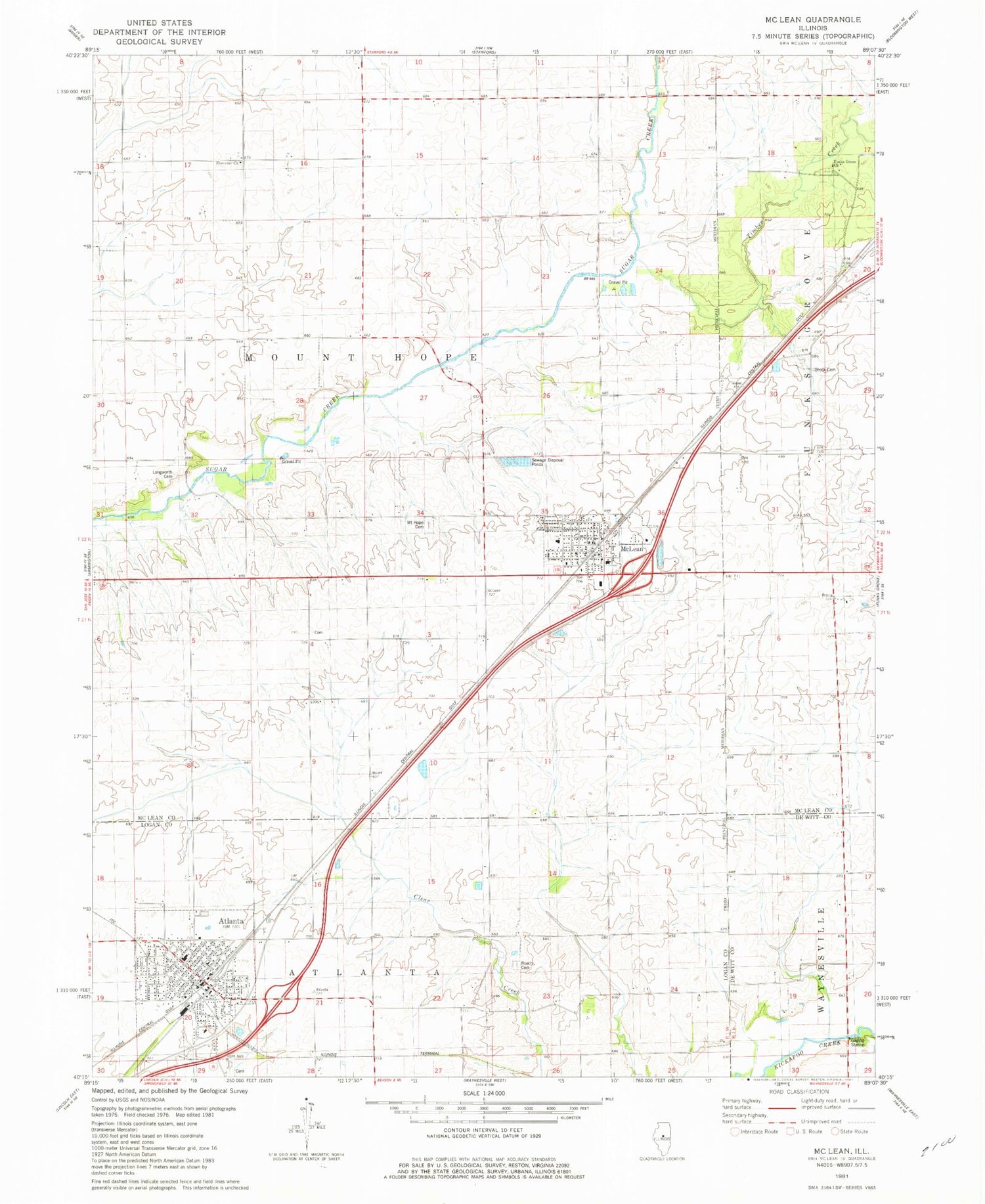 Classic USGS McLean Illinois 7.5'x7.5' Topo Map Image