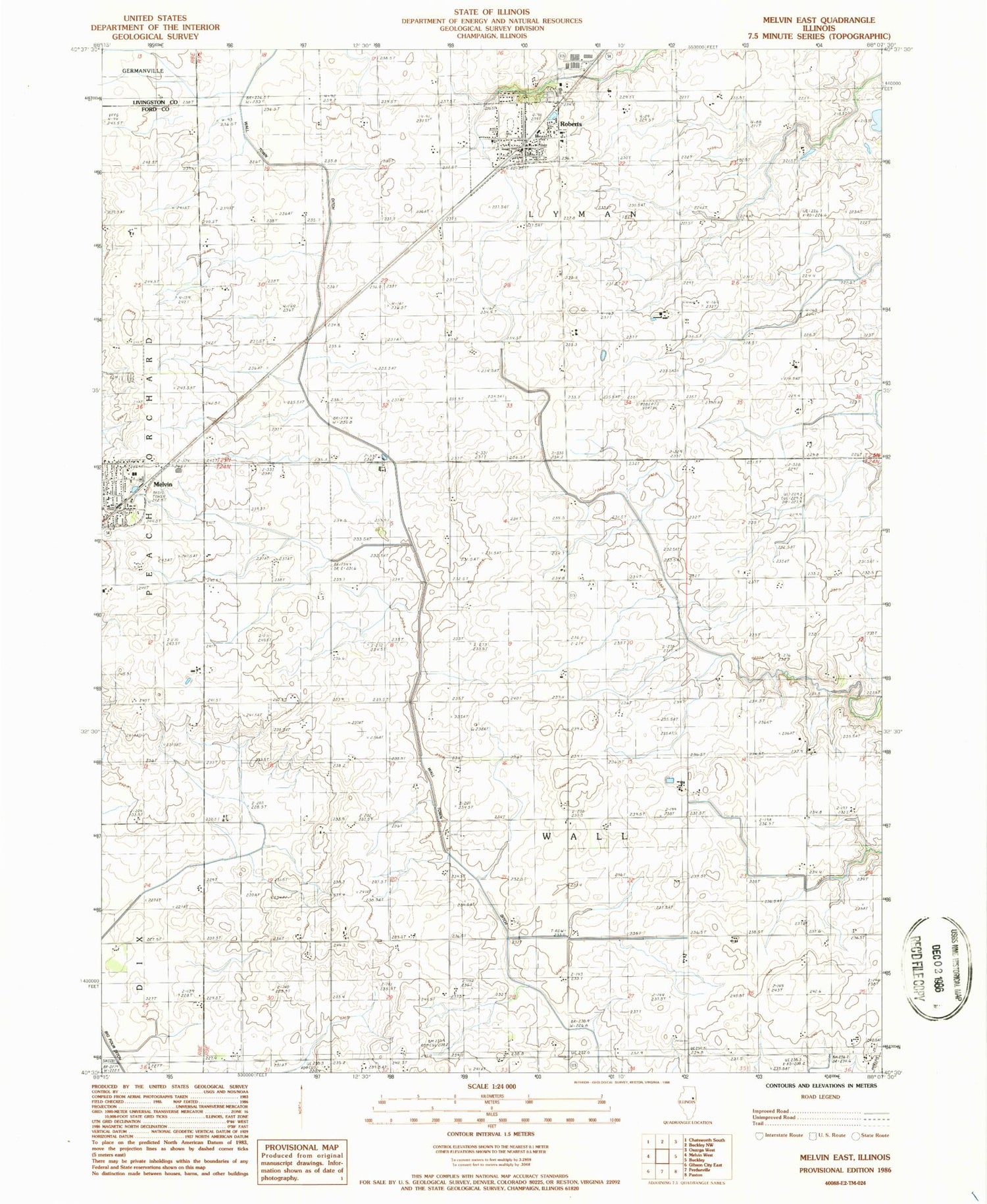 Classic USGS Melvin East Illinois 7.5'x7.5' Topo Map Image