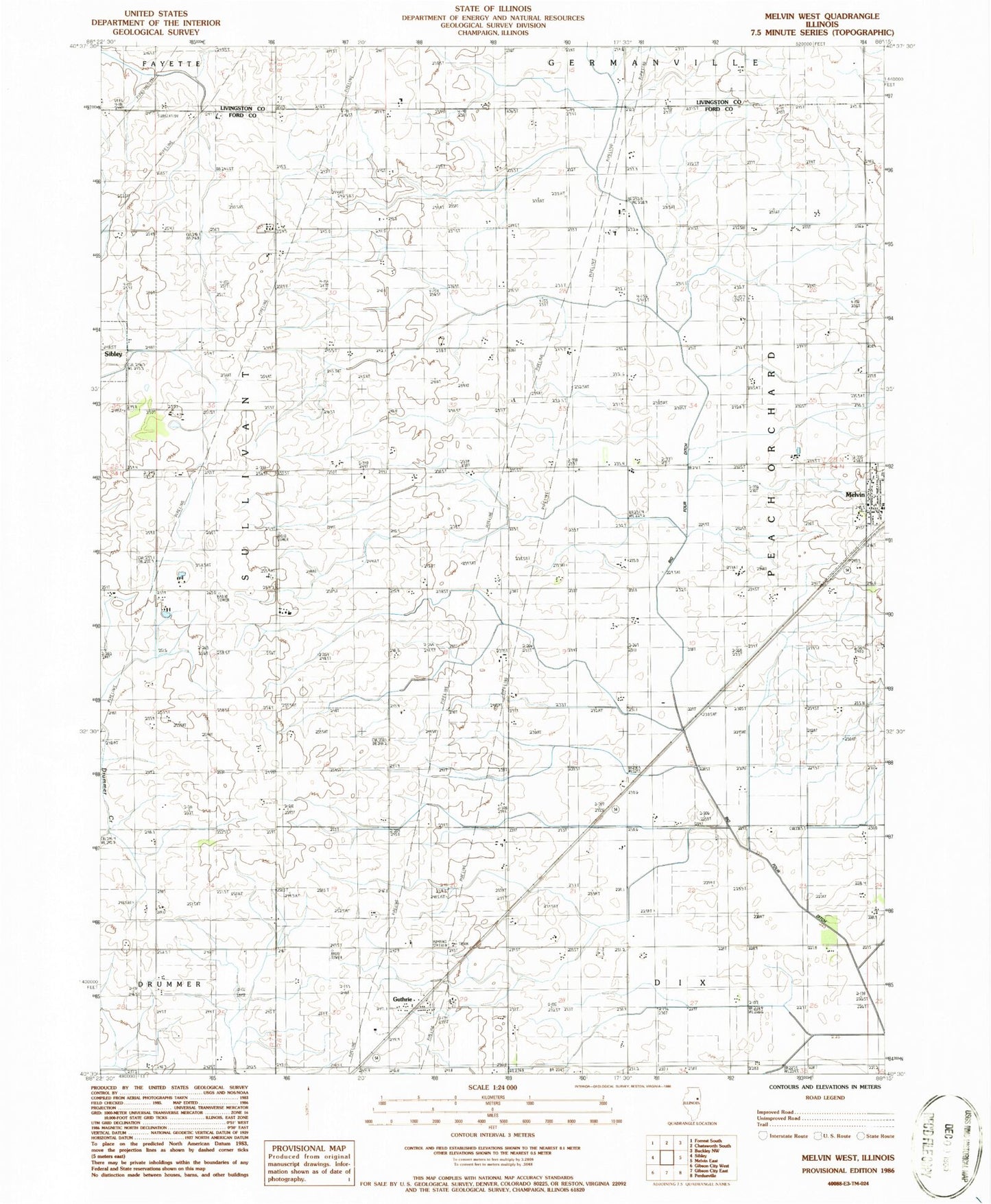 Classic USGS Melvin West Illinois 7.5'x7.5' Topo Map Image