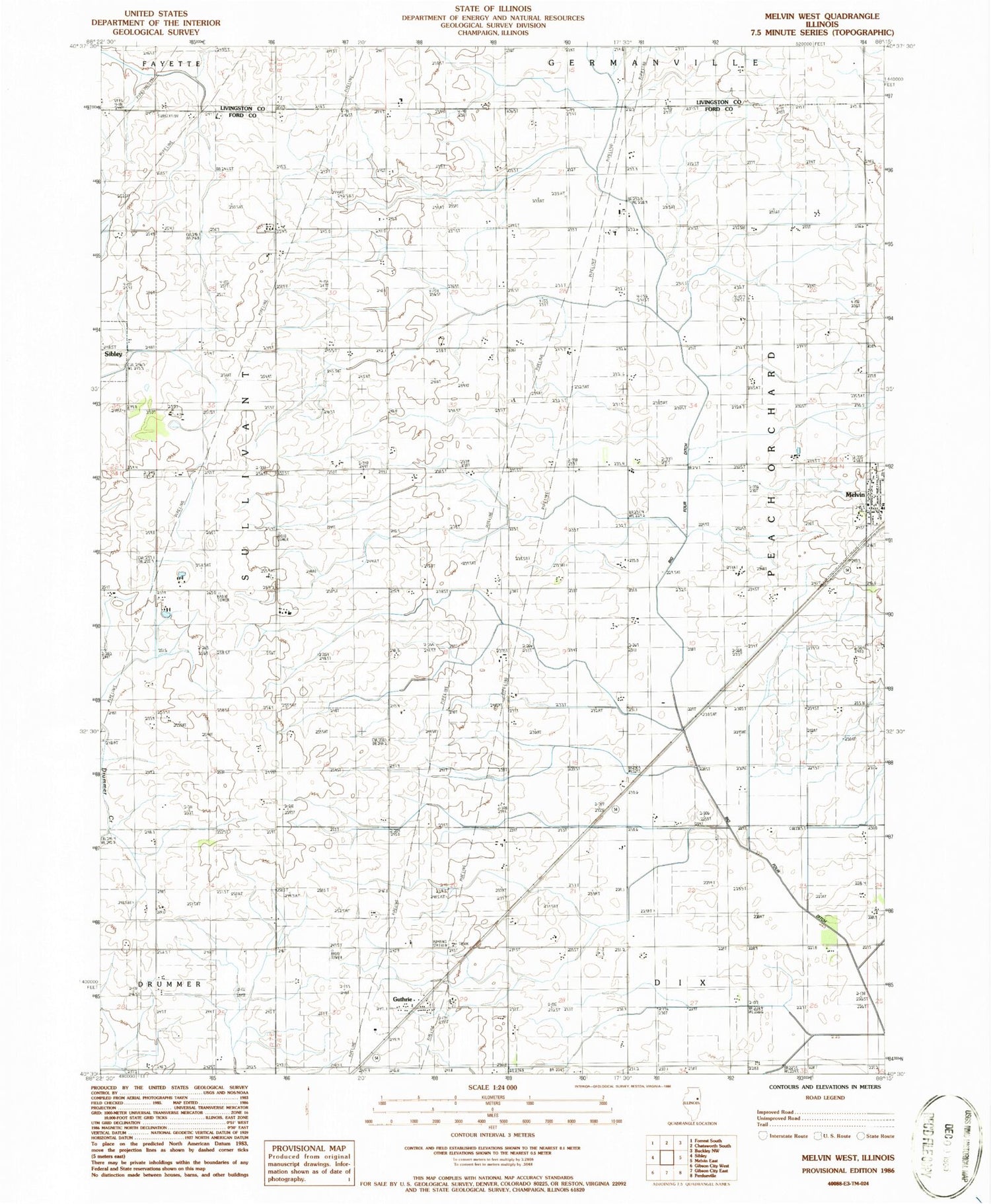 Classic USGS Melvin West Illinois 7.5'x7.5' Topo Map Image