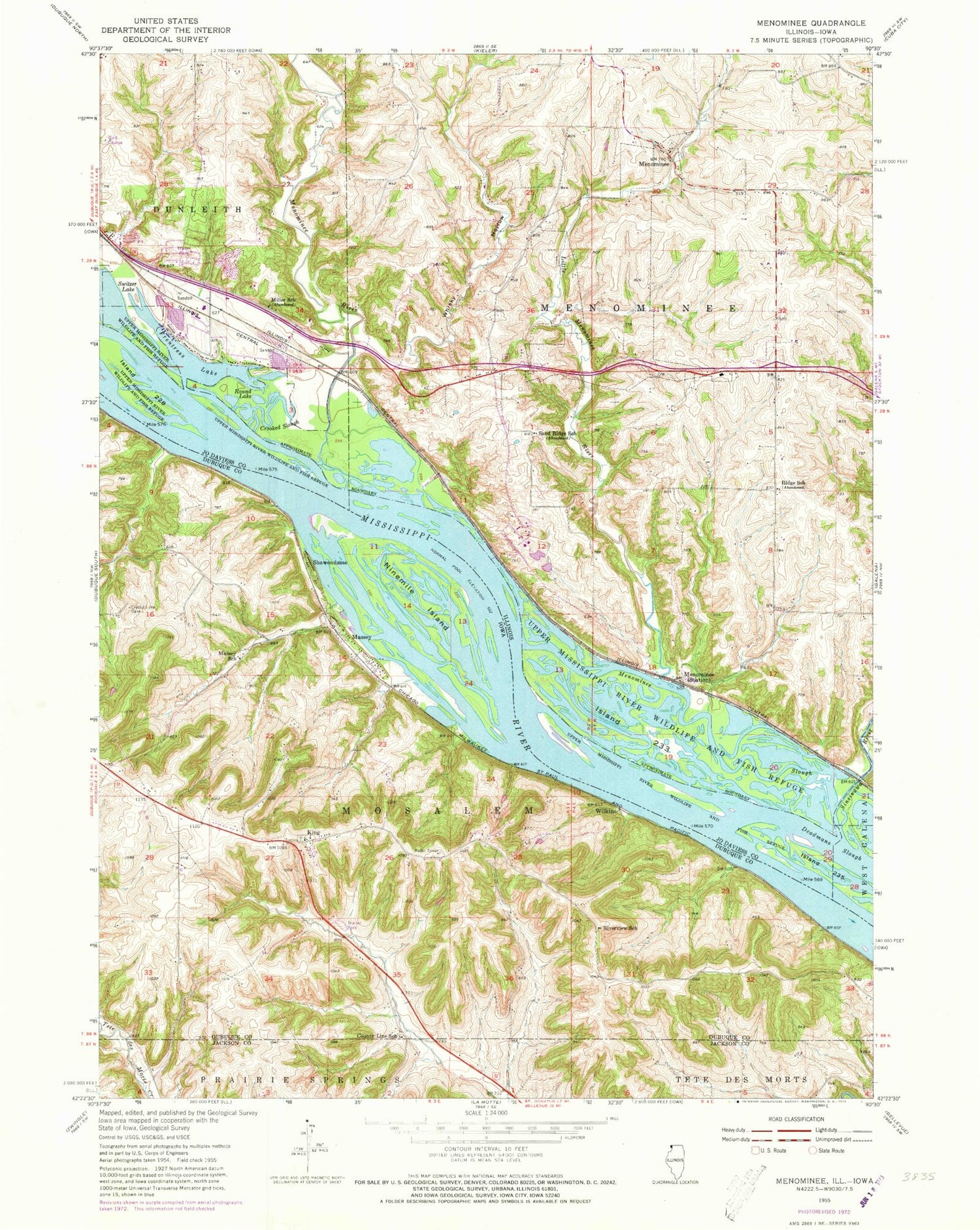 Classic USGS Menominee Illinois 7.5'x7.5' Topo Map Image