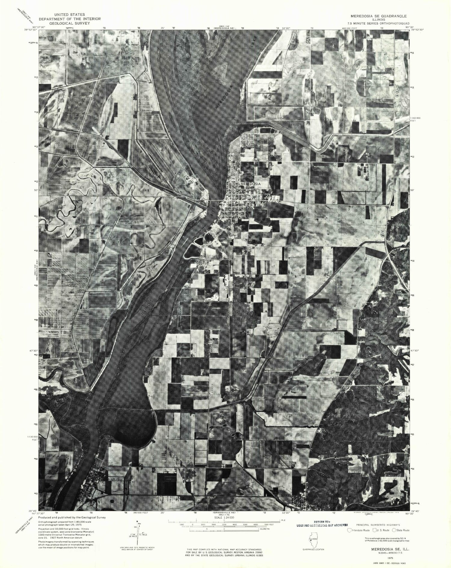 Classic USGS Meredosia Illinois 7.5'x7.5' Topo Map Image