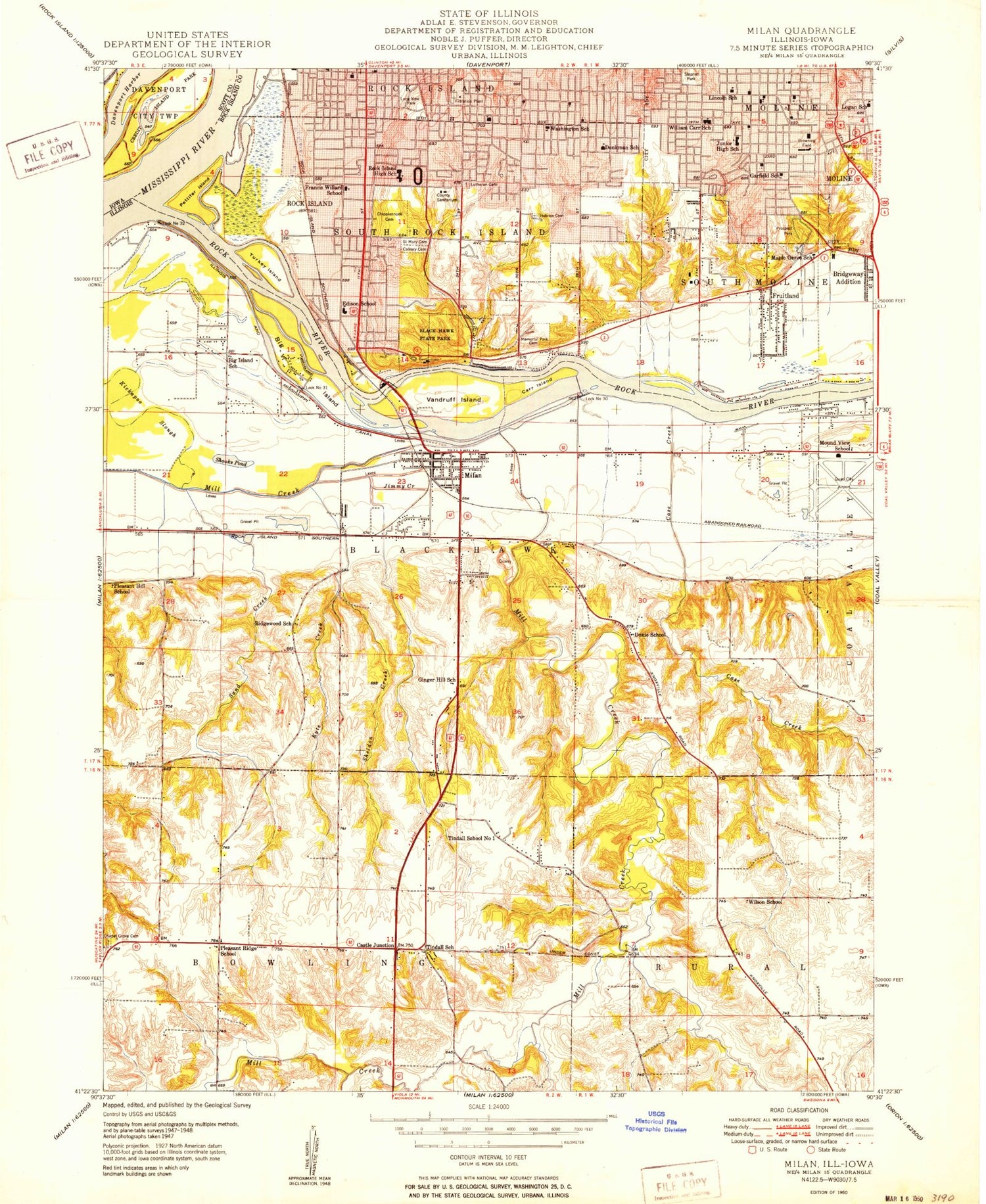 Classic USGS Milan Illinois 7.5'x7.5' Topo Map Image
