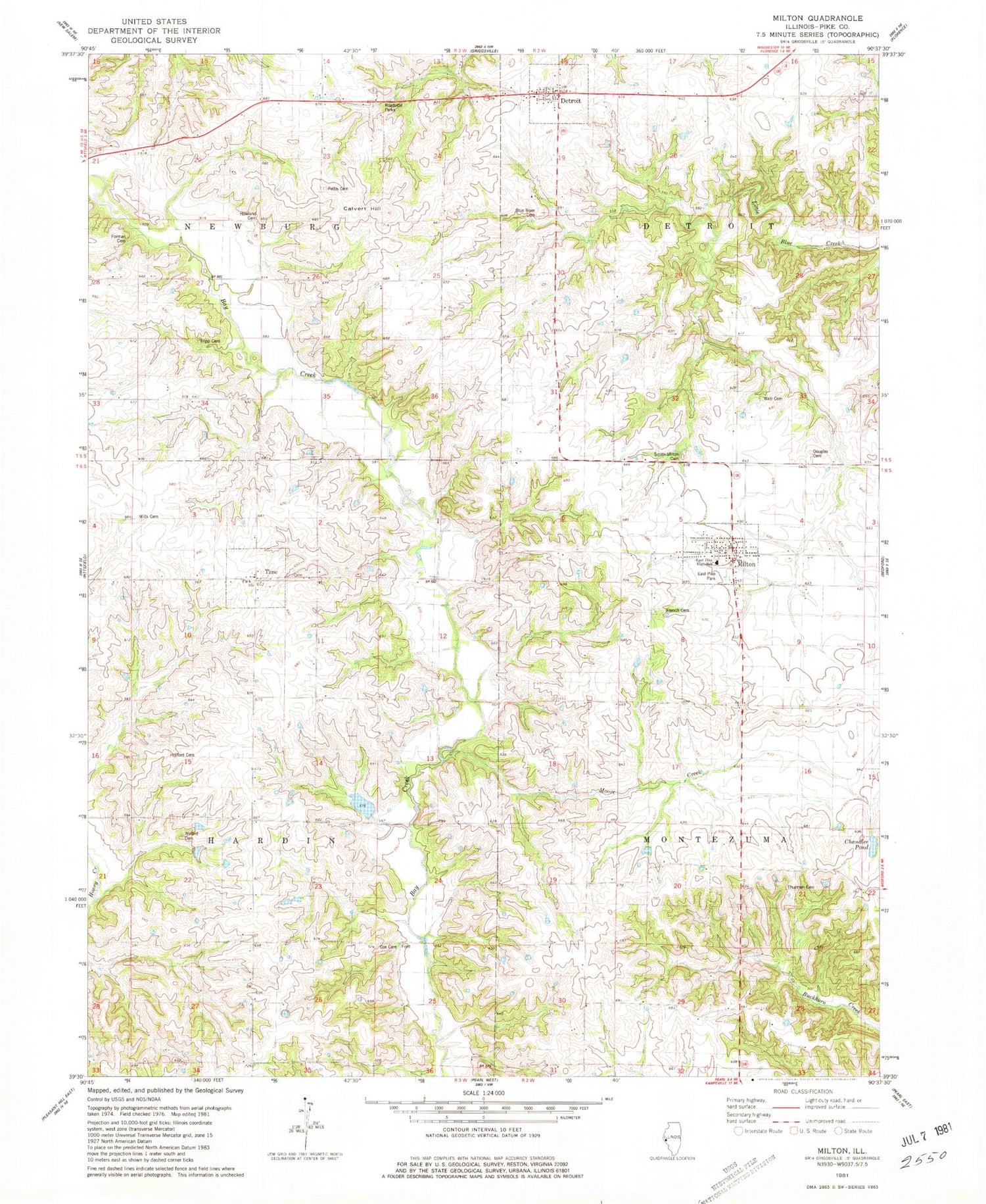 Classic USGS Milton Illinois 7.5'x7.5' Topo Map Image