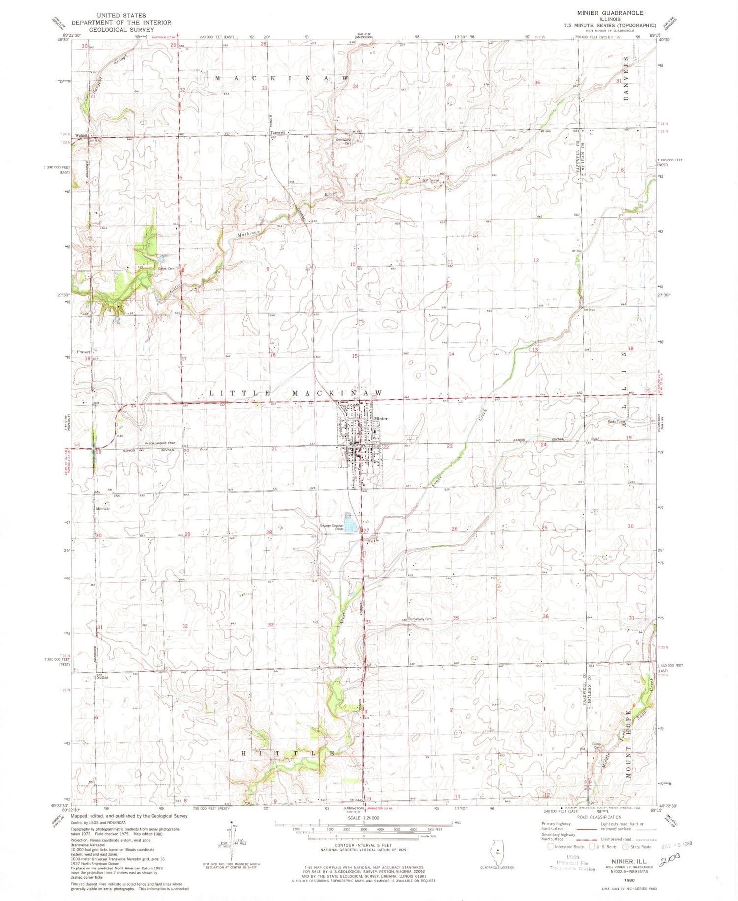 Classic USGS Minier Illinois 7.5'x7.5' Topo Map Image