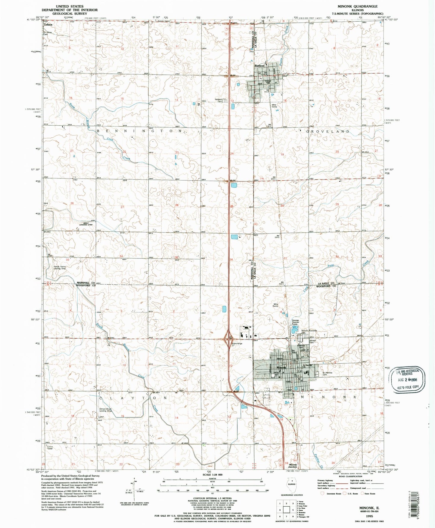 Classic USGS Minonk Illinois 7.5'x7.5' Topo Map Image