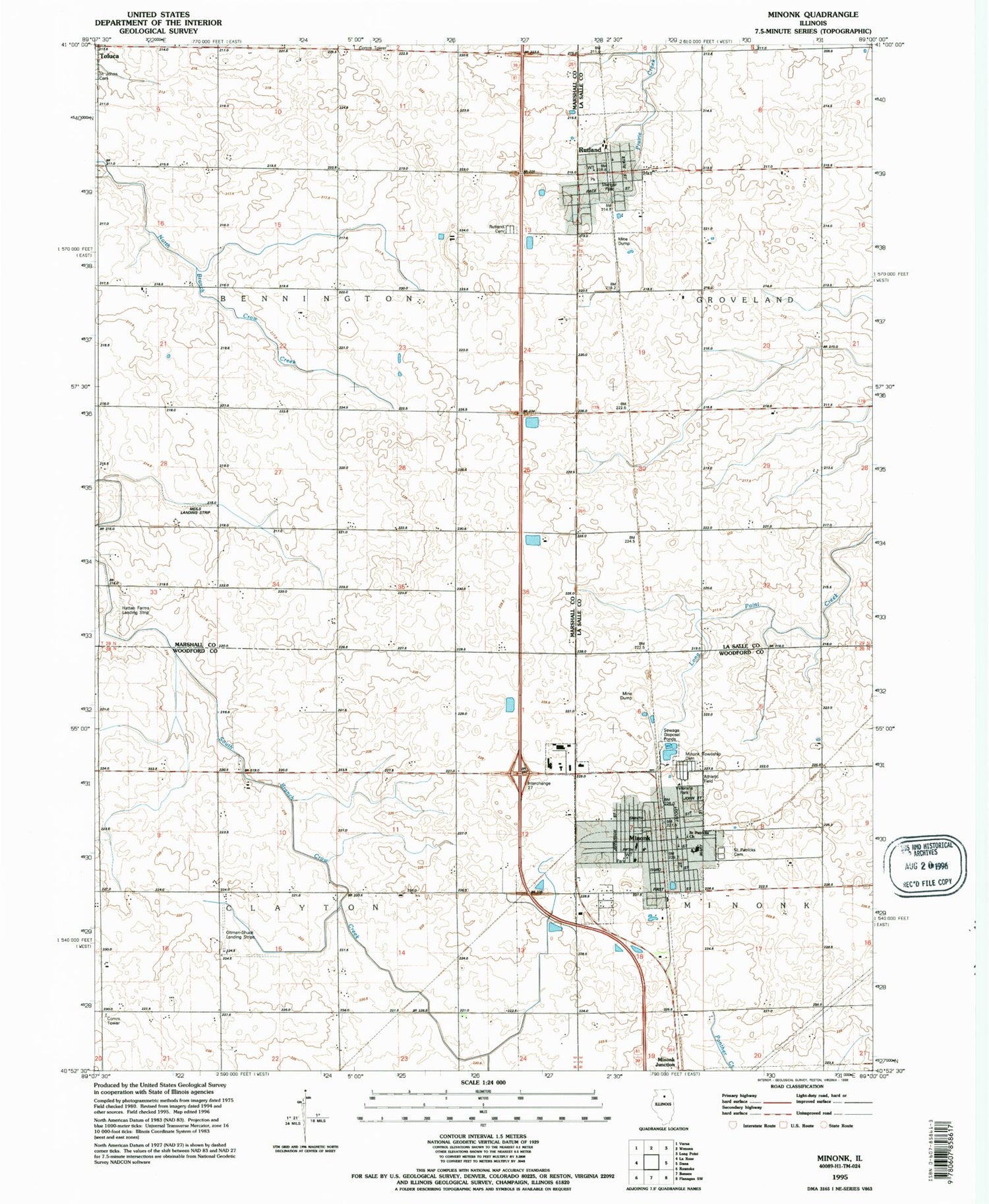 Classic USGS Minonk Illinois 7.5'x7.5' Topo Map Image
