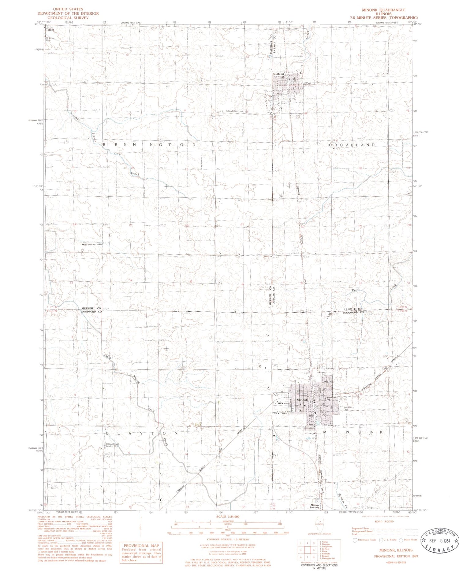 Classic USGS Minonk Illinois 7.5'x7.5' Topo Map Image