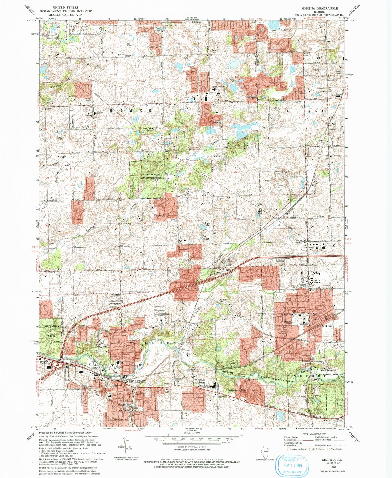 Classic USGS Mokena Illinois 7.5'x7.5' Topo Map Image