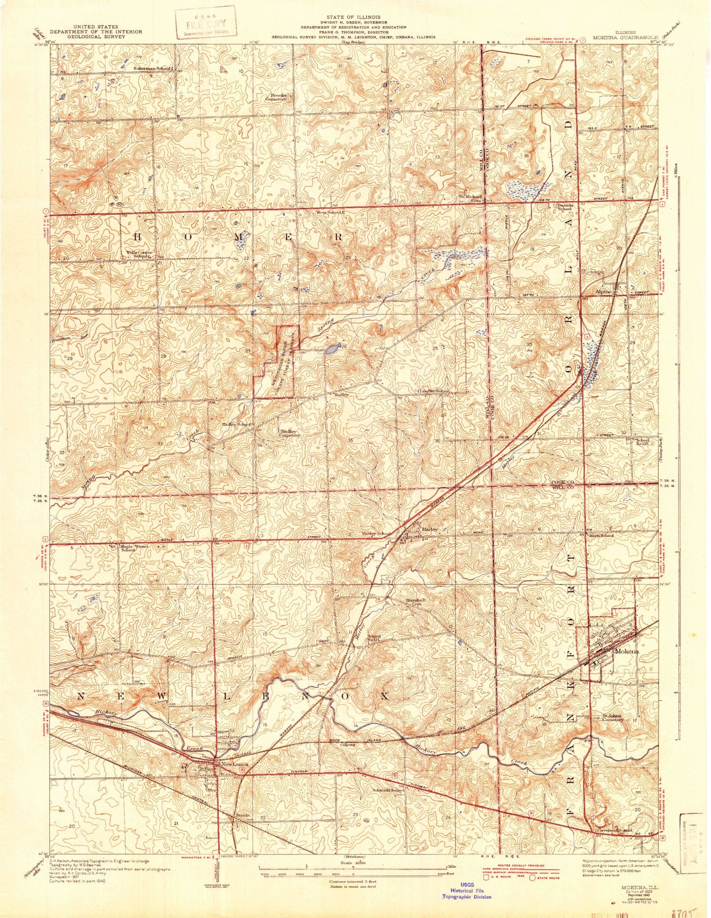 Classic USGS Mokena Illinois 7.5'x7.5' Topo Map Image