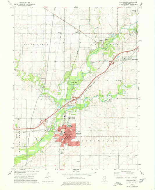 Classic USGS Monticello Illinois 7.5'x7.5' Topo Map Image