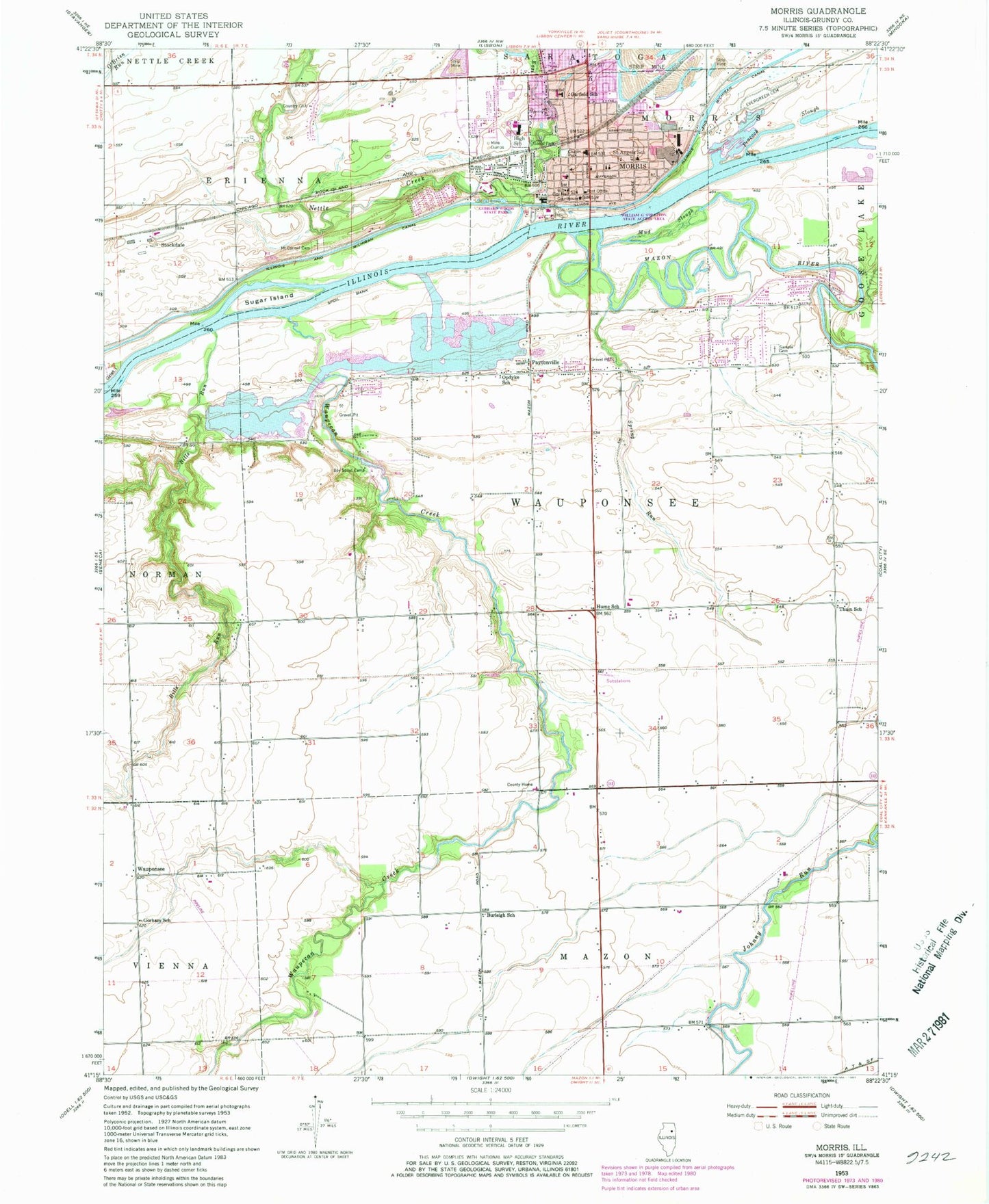 Classic USGS Morris Illinois 7.5'x7.5' Topo Map Image