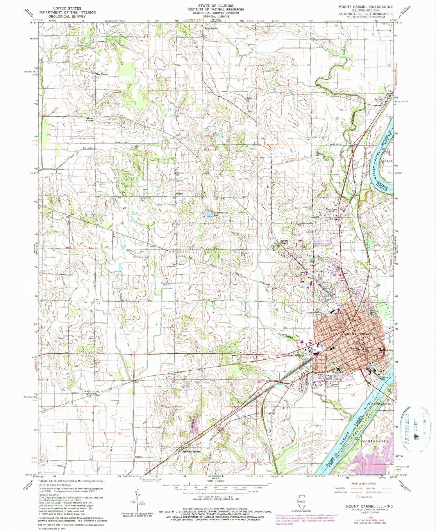 Classic USGS Mount Carmel Illinois 7.5'x7.5' Topo Map Image