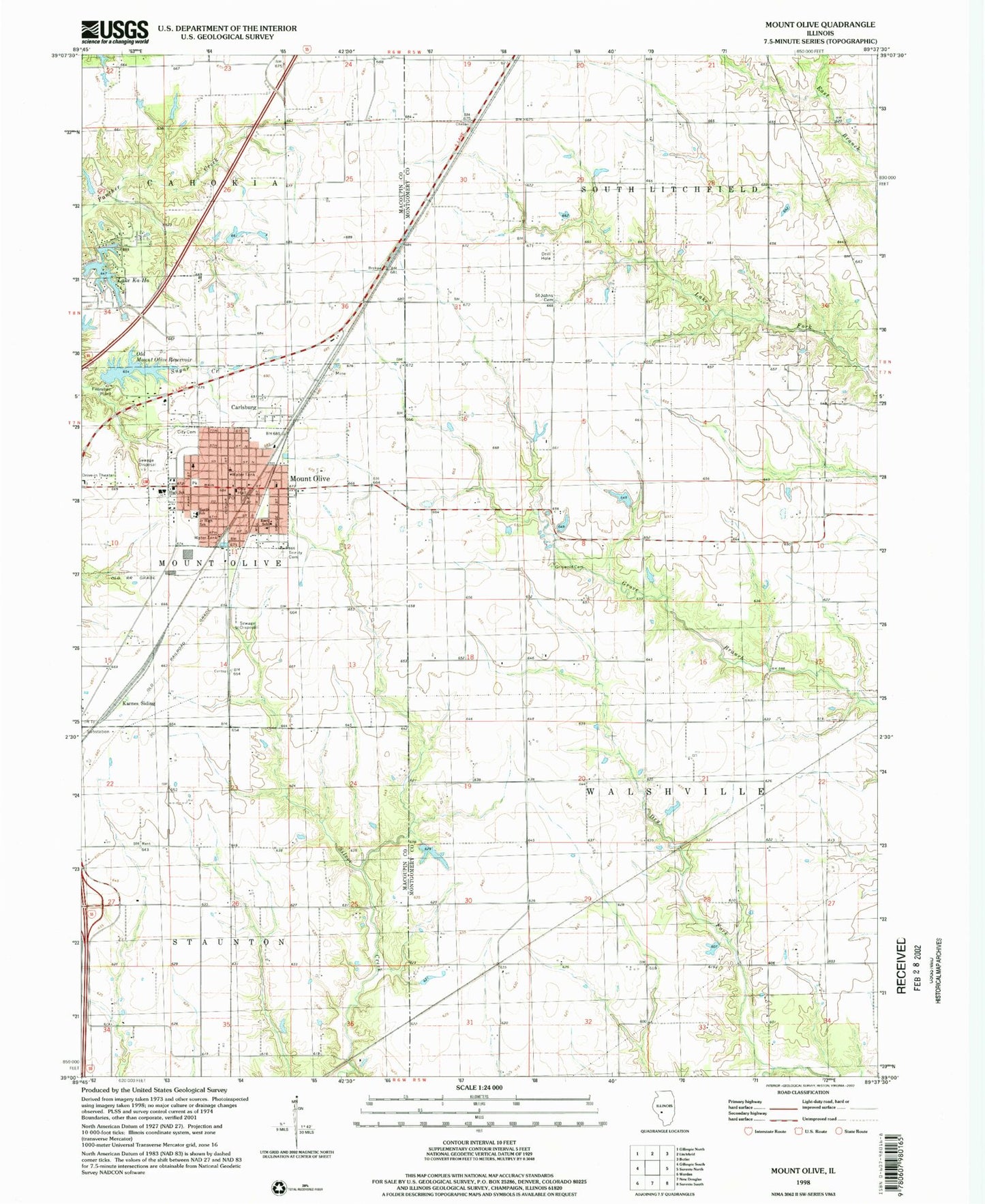 Classic USGS Mount Olive Illinois 7.5'x7.5' Topo Map Image