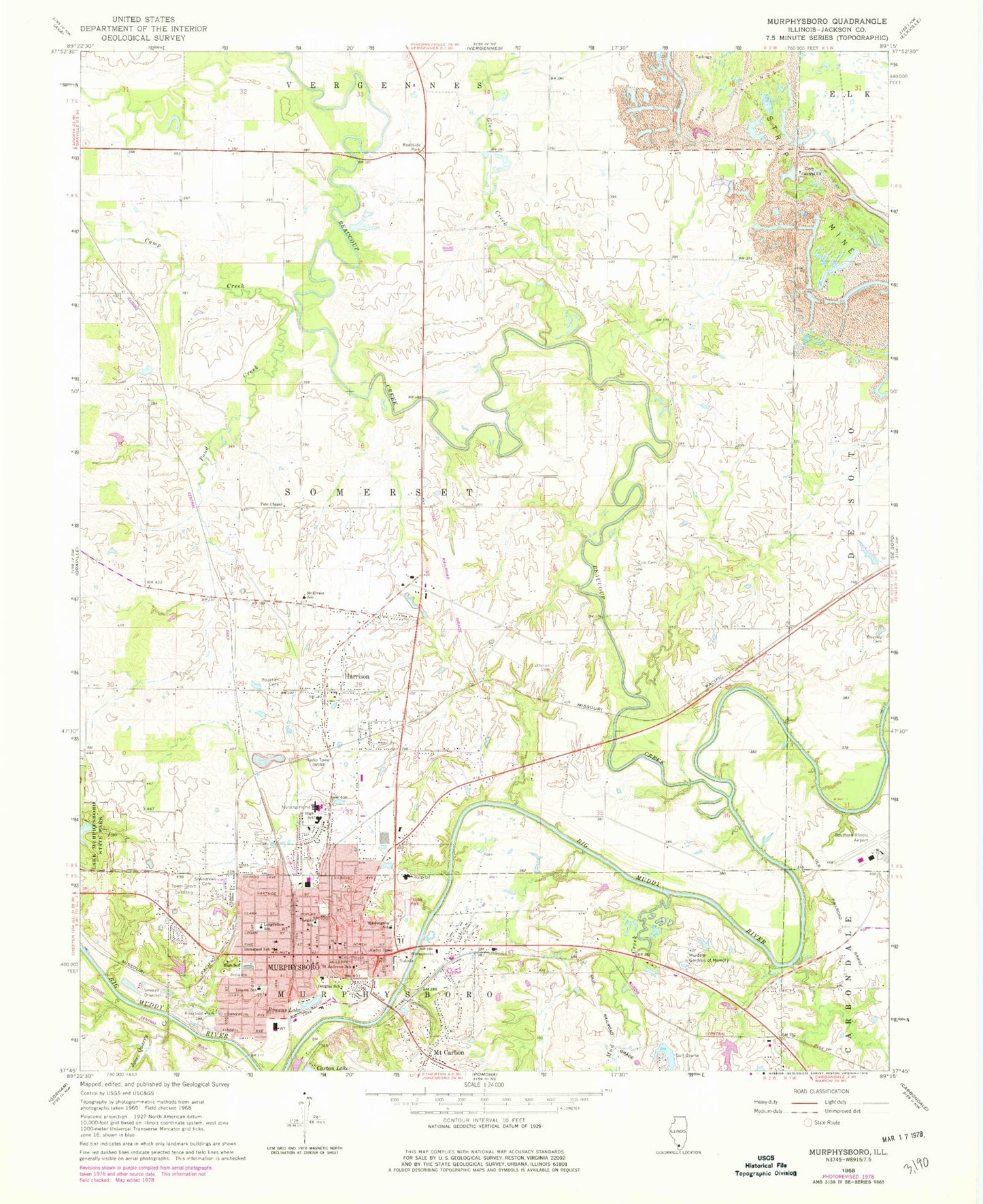 Classic USGS Murphysboro Illinois 7.5'x7.5' Topo Map Image