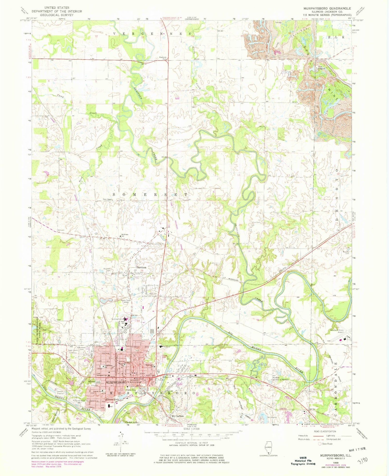 Classic USGS Murphysboro Illinois 7.5'x7.5' Topo Map Image