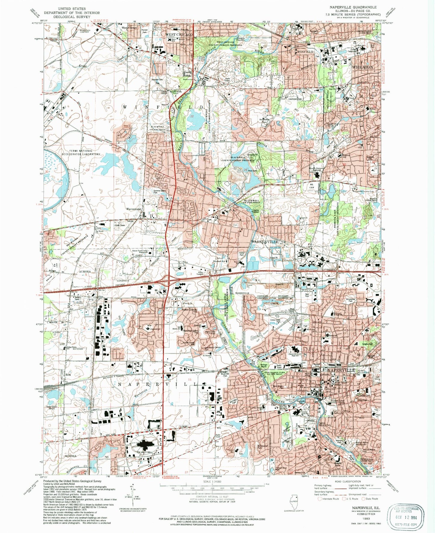 Classic USGS Naperville Illinois 7.5'x7.5' Topo Map Image