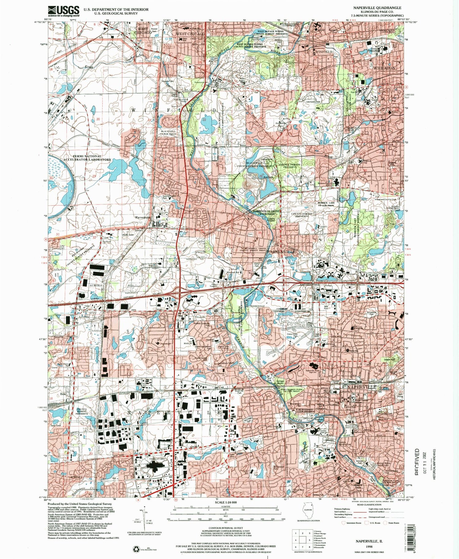 Classic USGS Naperville Illinois 7.5'x7.5' Topo Map Image