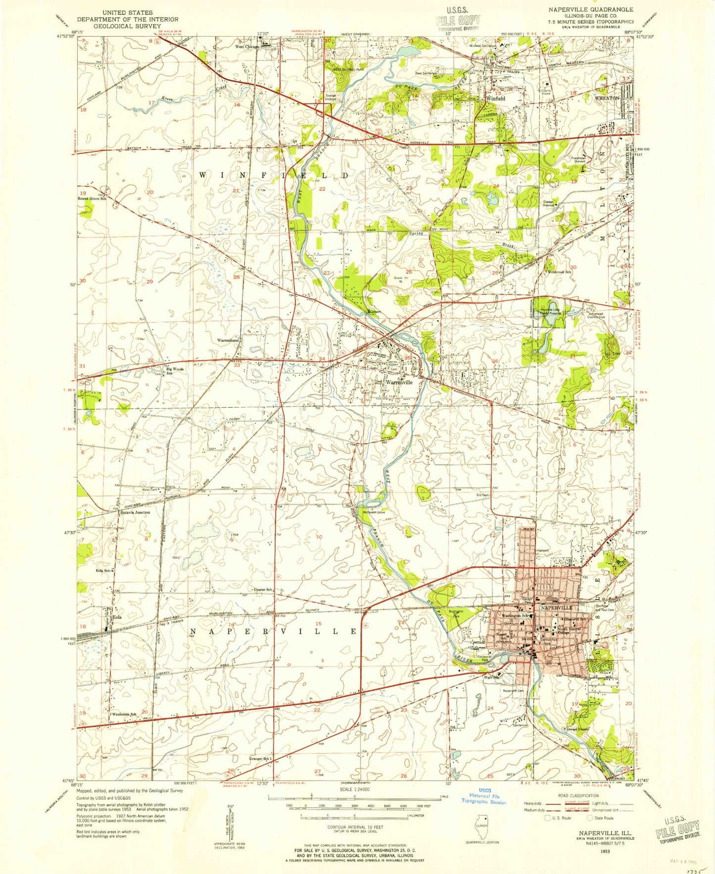 Classic USGS Naperville Illinois 7.5'x7.5' Topo Map Image