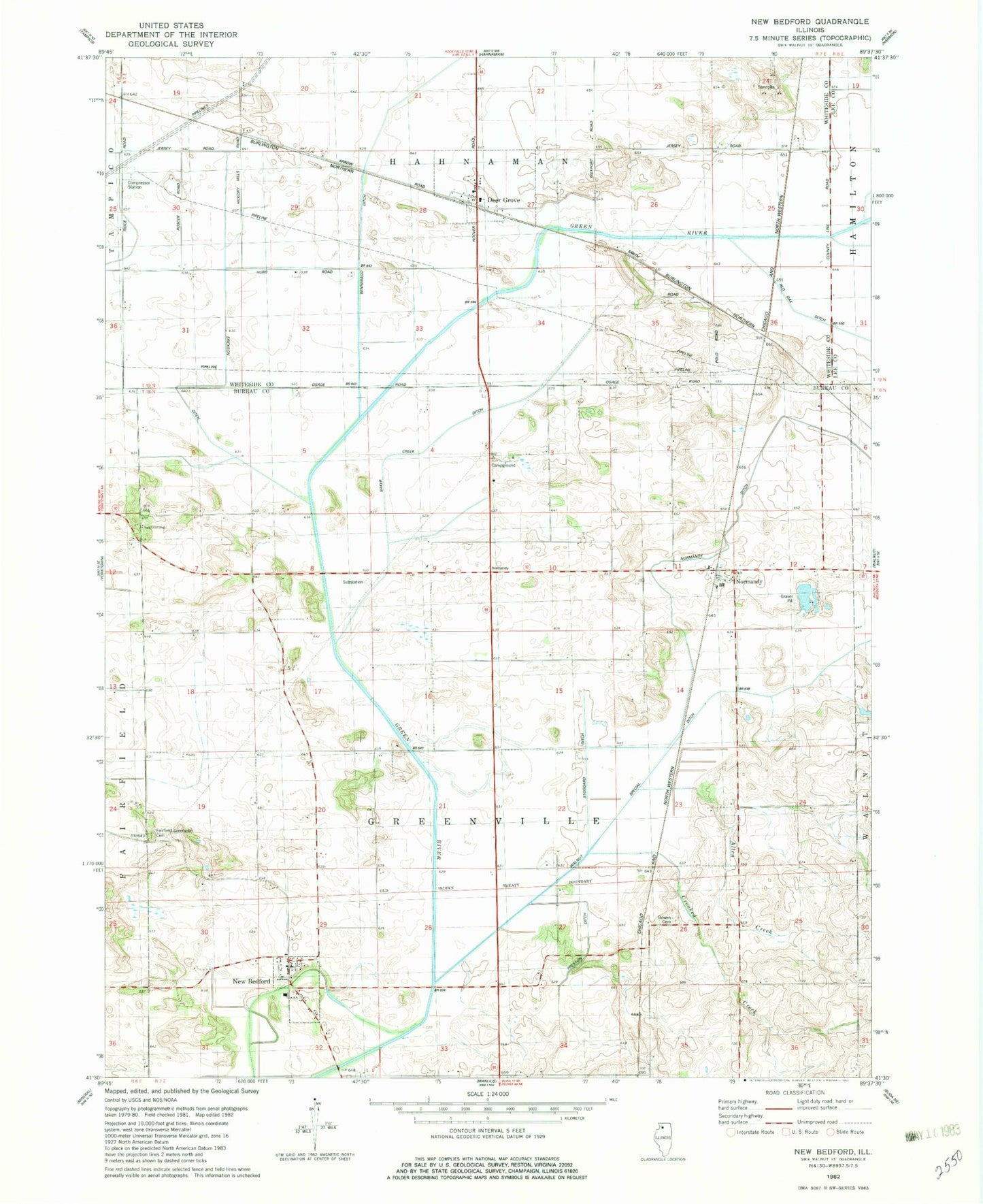 Classic USGS New Bedford Illinois 7.5'x7.5' Topo Map Image