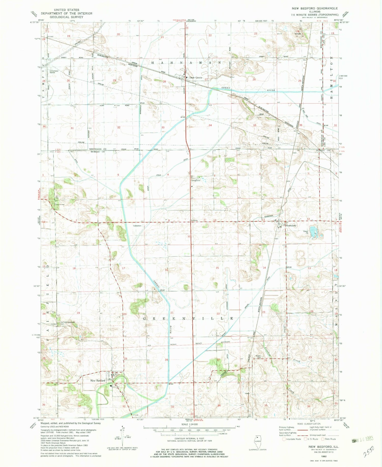 Classic USGS New Bedford Illinois 7.5'x7.5' Topo Map Image