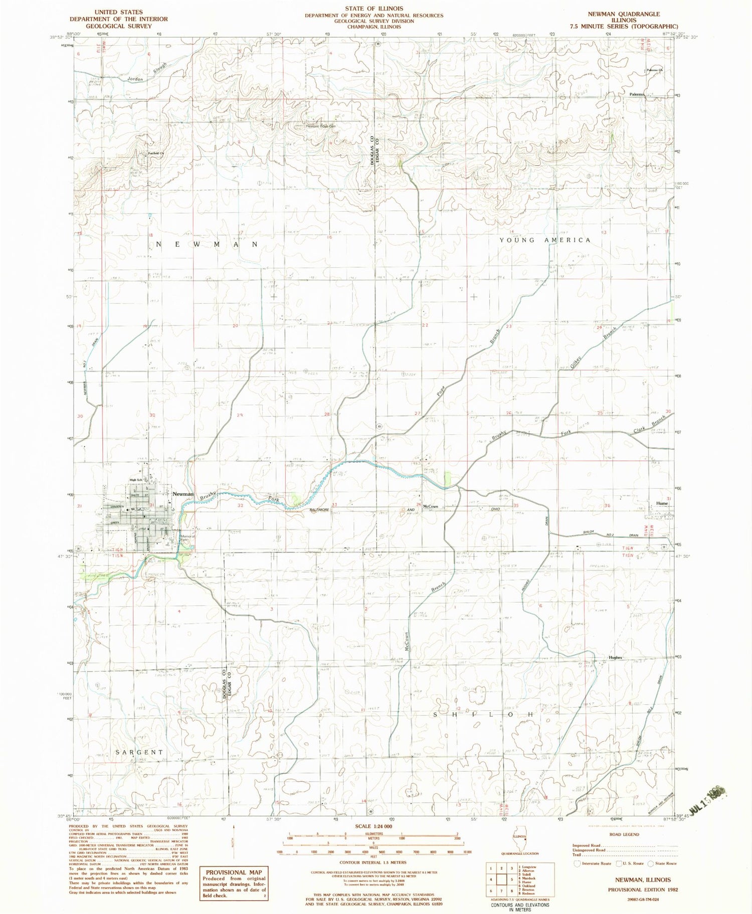 Classic USGS Newman Illinois 7.5'x7.5' Topo Map Image
