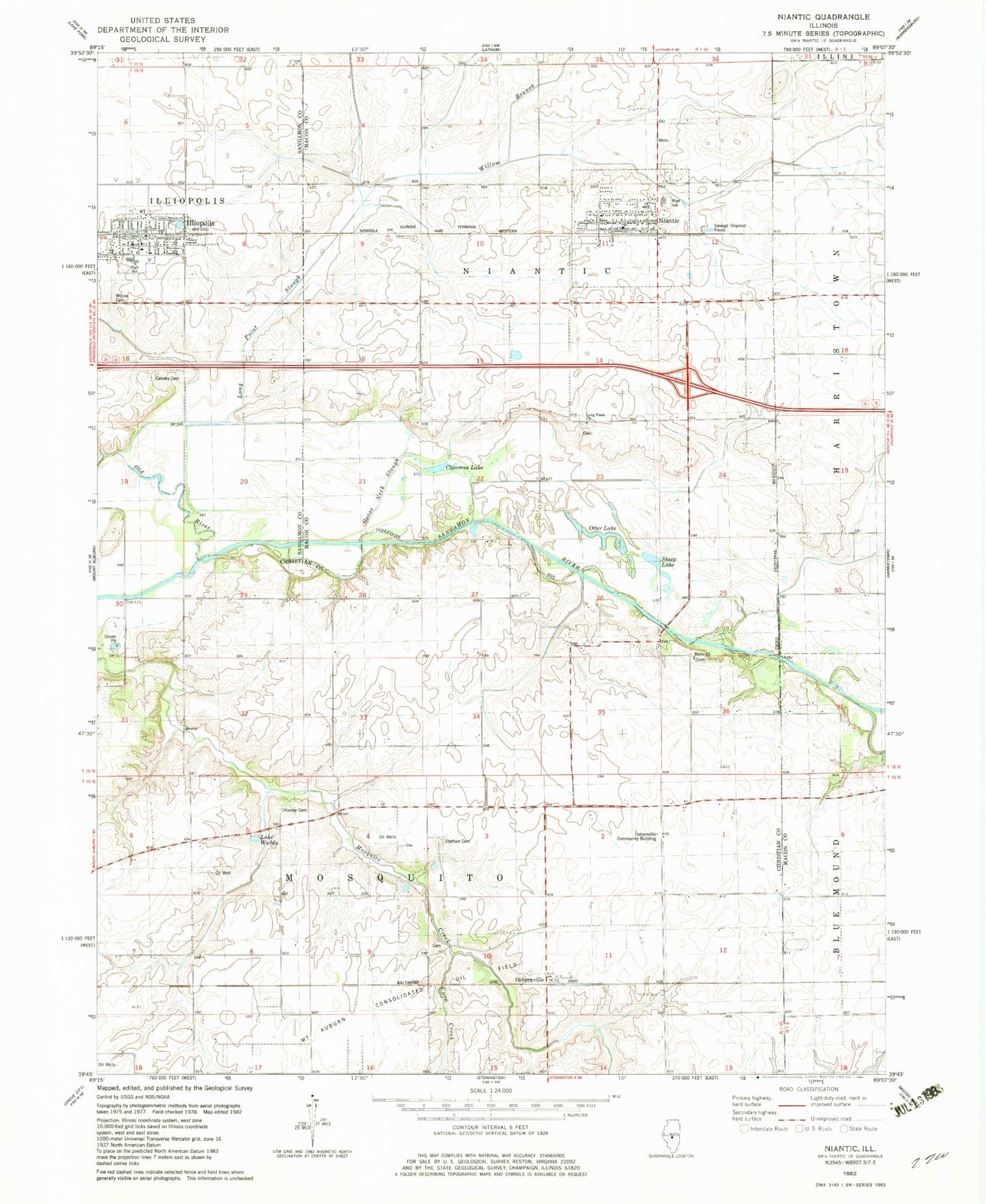Classic USGS Niantic Illinois 7.5'x7.5' Topo Map Image