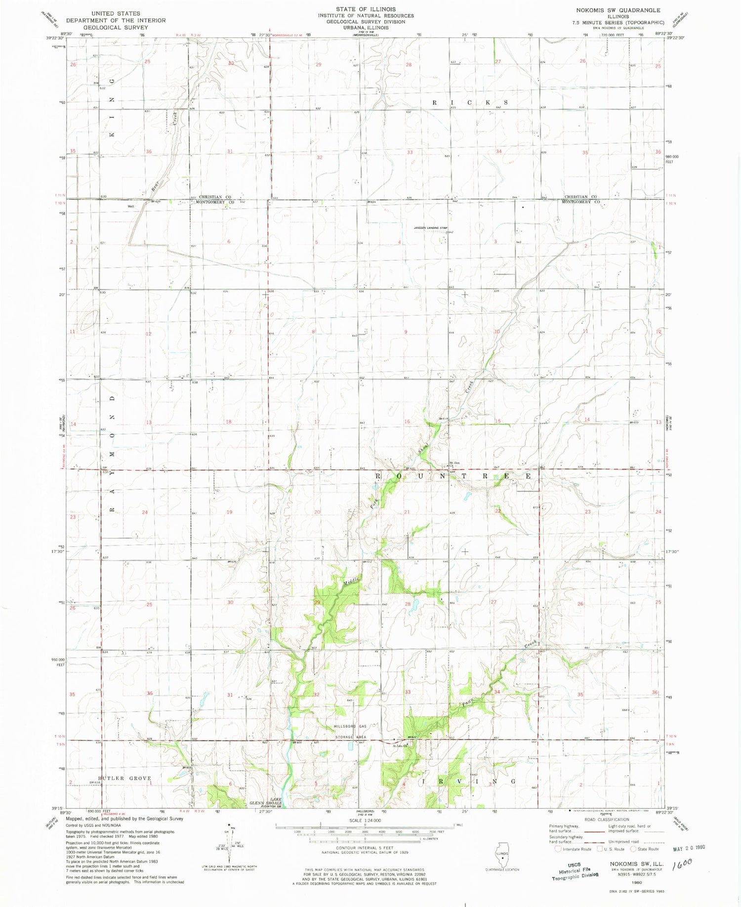 Classic USGS Nokomis SW Illinois 7.5'x7.5' Topo Map Image